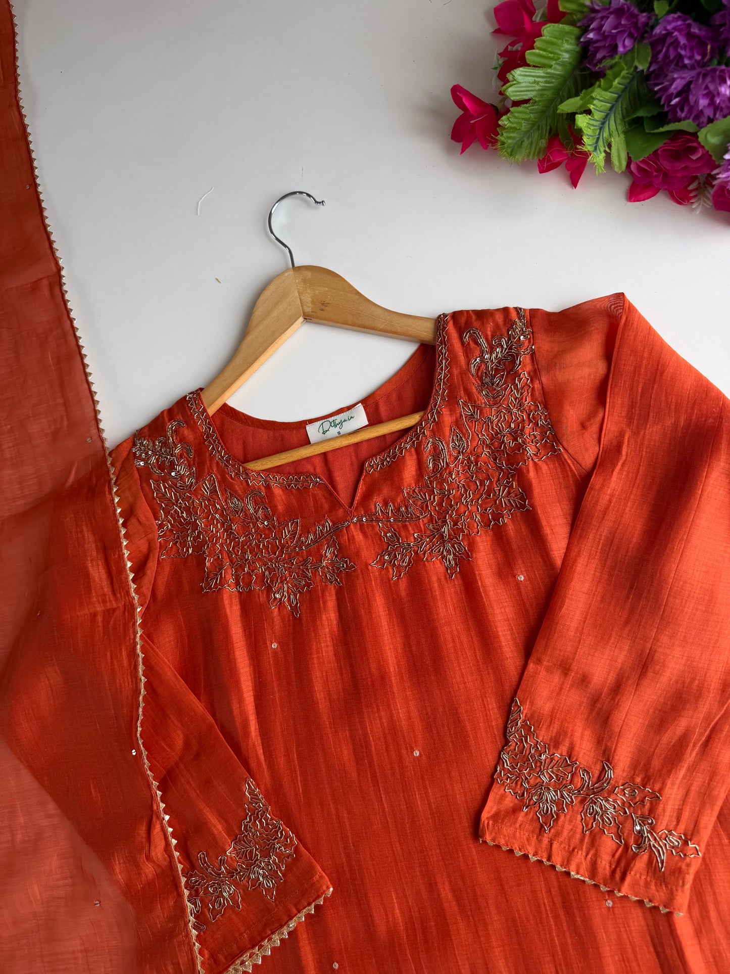 K553 - Mul chanderi handwork aline Kurti with pants and dupatta