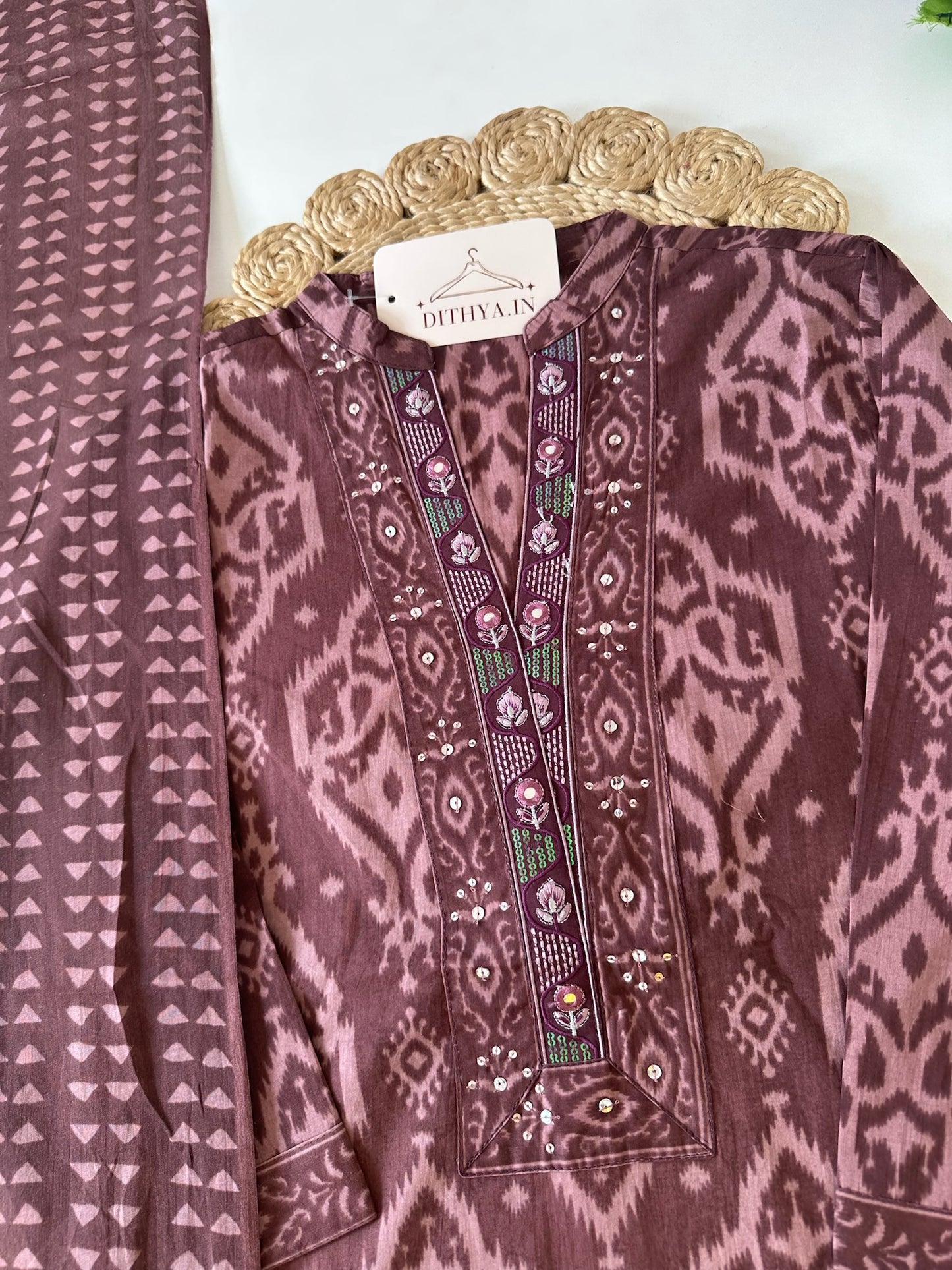 K367 - Mul cotton embroidered straight Kurti with pants and dupatta