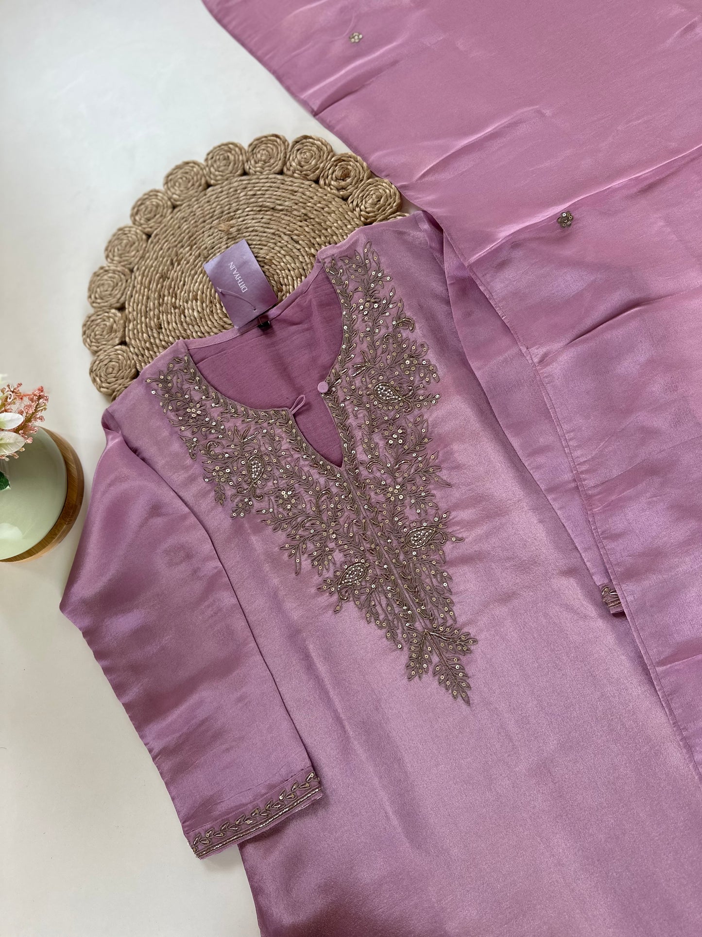 K109 - Tissue silk handwork straight kurti with pants and dupatta .