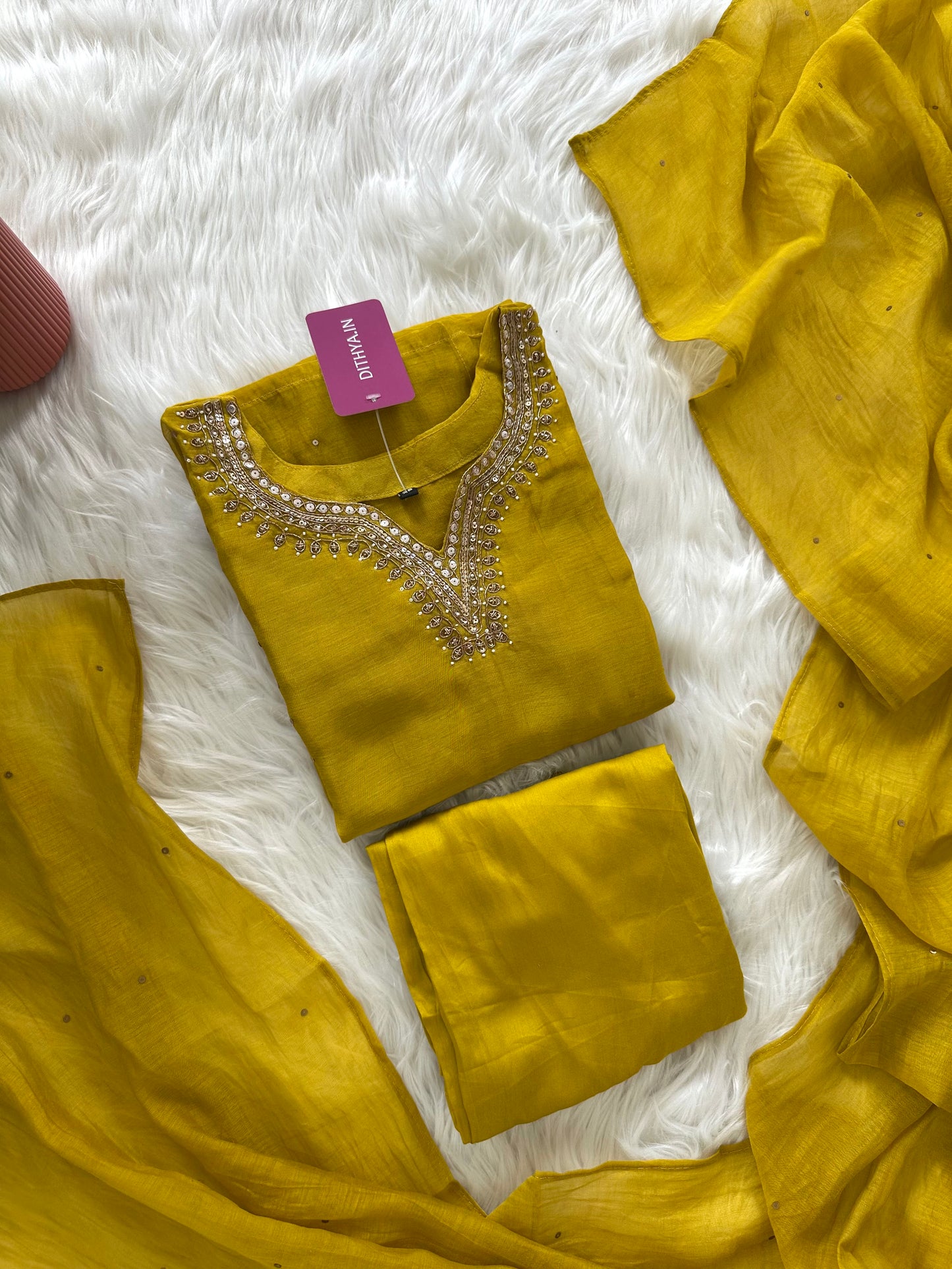 K080 - Mul Chanderi handwork straight kurti with pants and dupatta in 2 colours