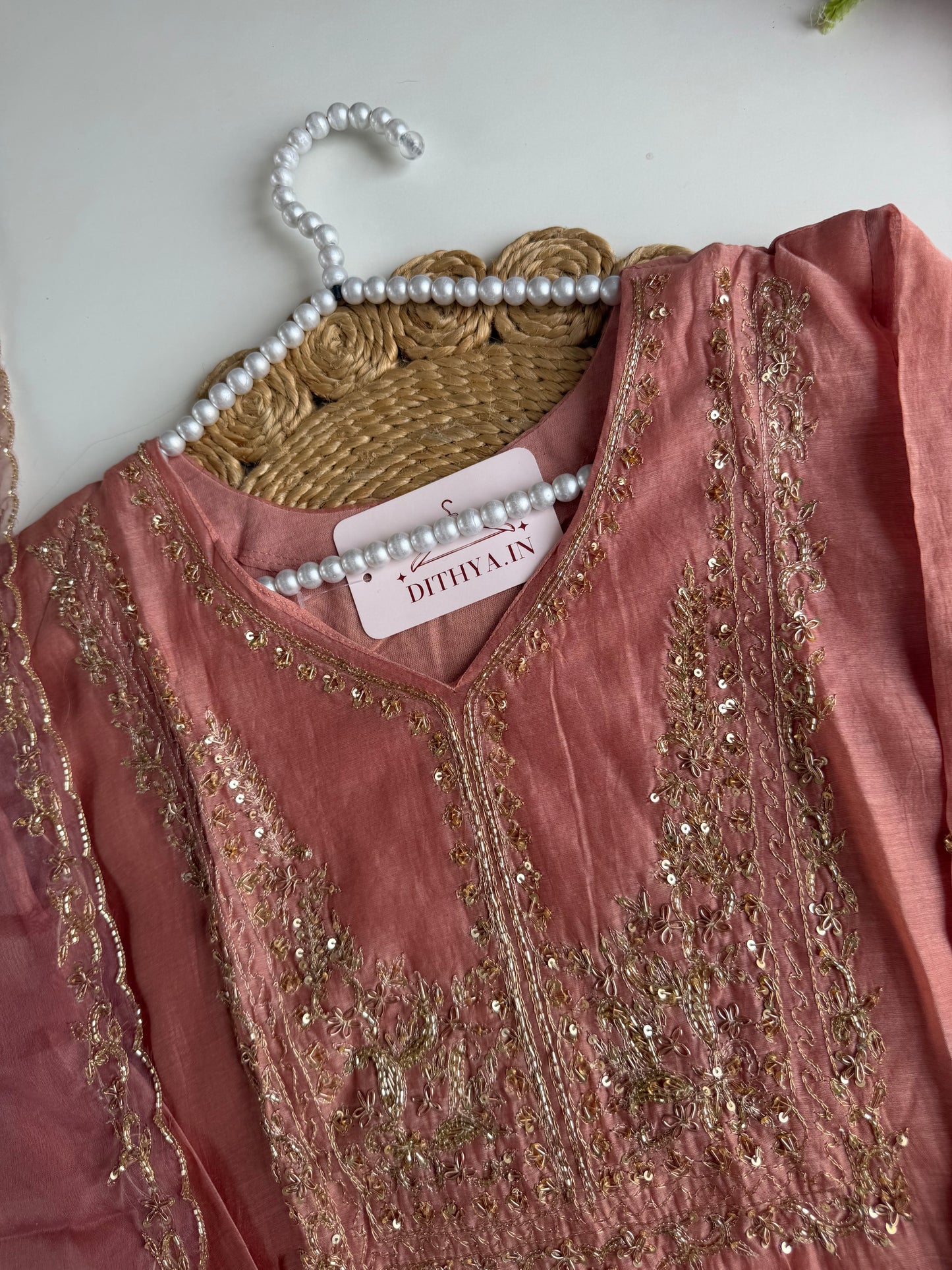 K372 - Mul chanderi handwork aline Kurti with pants and dupatta