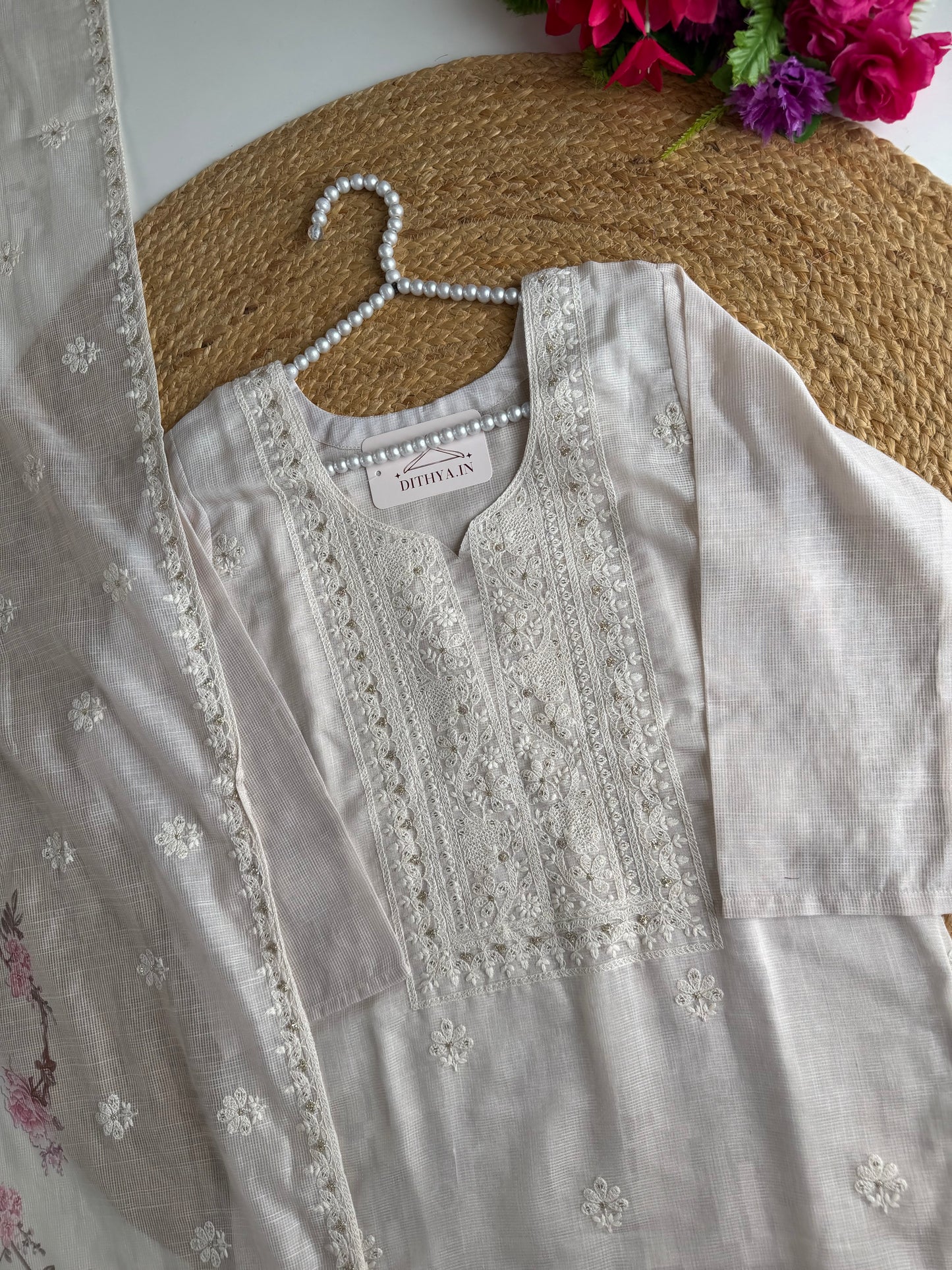 K071 - Chanderi silk embroidered straight Kurti with pants and dupatta