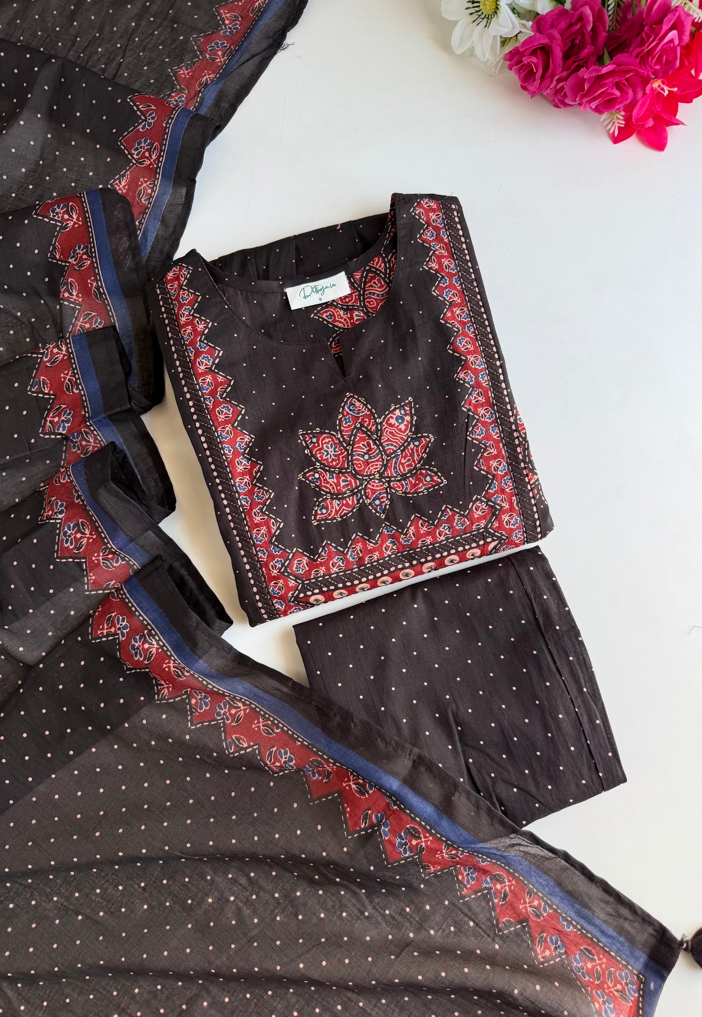 K609 - Mul cotton embroidered Anarkali with pants and dupatta