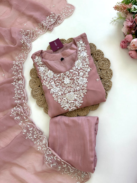 K299 - Pure viscose organza handwork straight kurti with pants and dupatta
