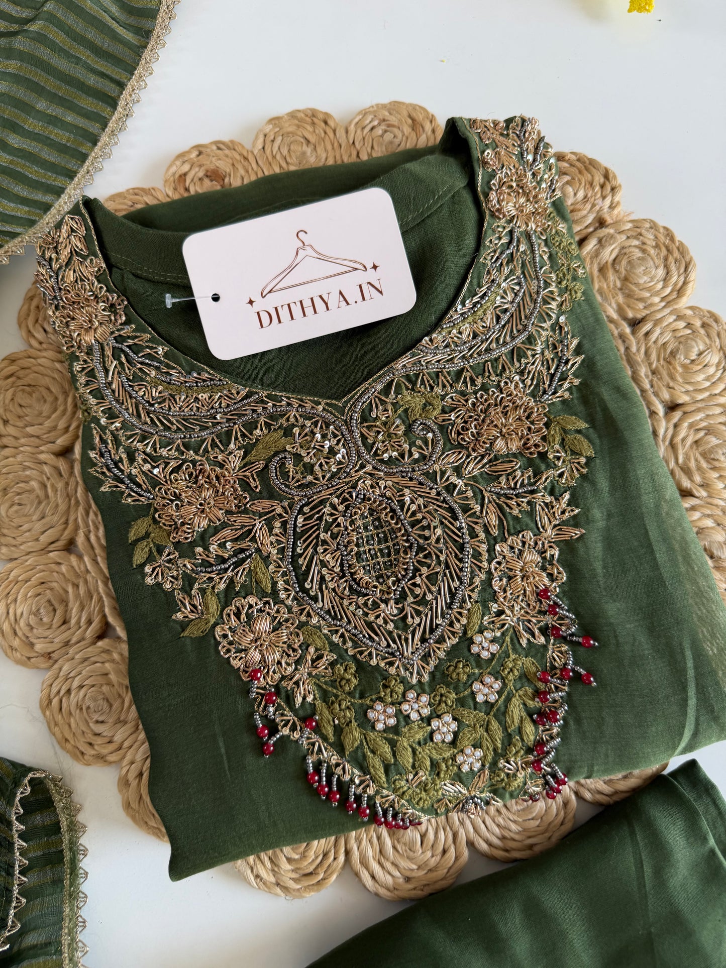 K374 - Mul chanderi handwork aline Kurti with pants and dupatta