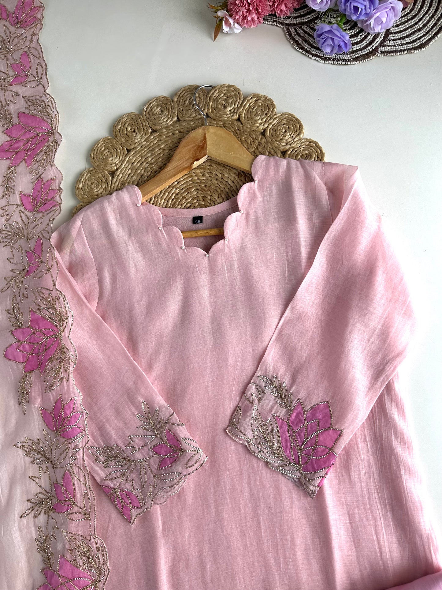 K234 - Mul Chanderi Appliqué zari work straight Kurti with pants and dupatta