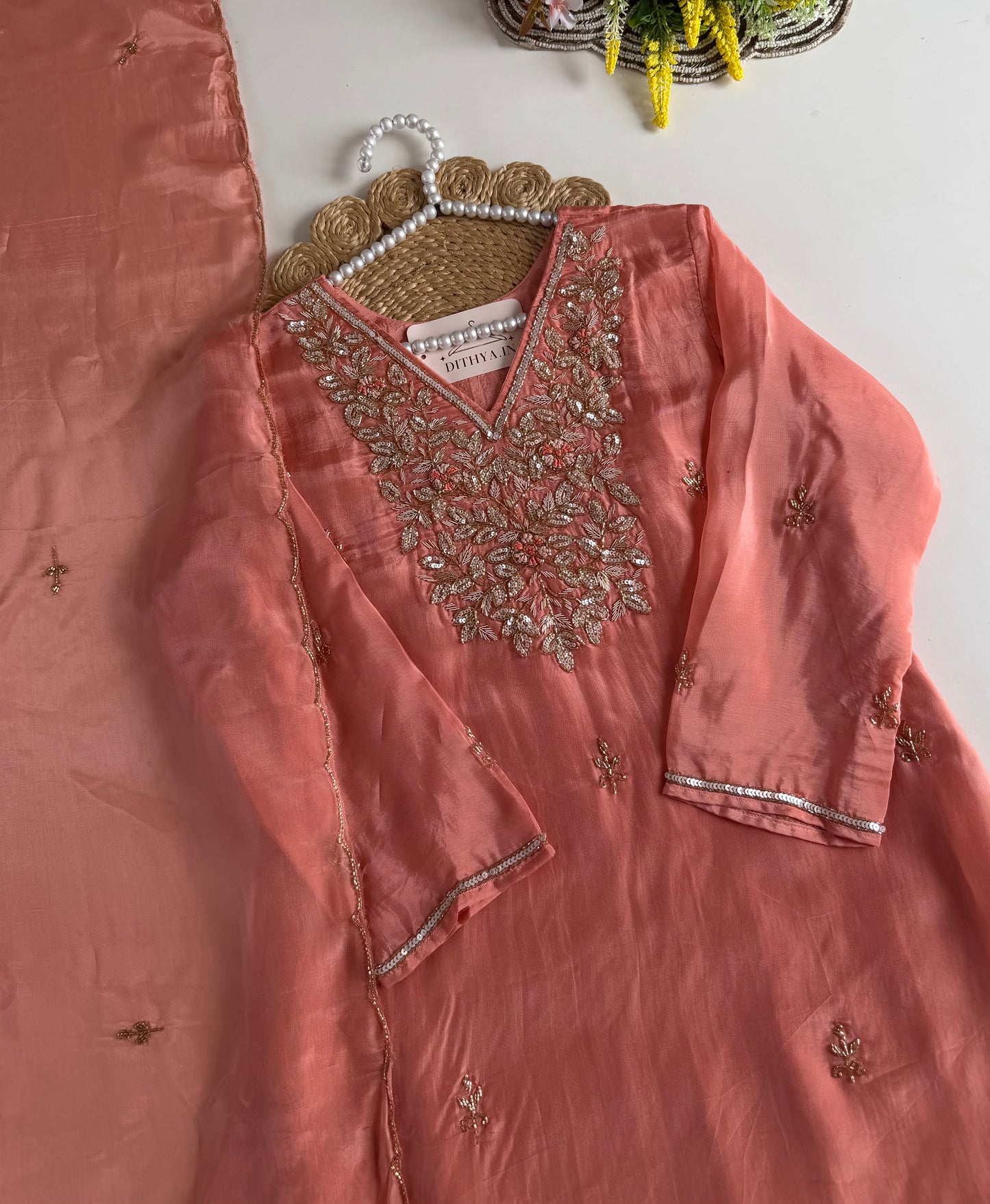 K204 - HO silk Aline handwork Kurti with pants and dupatta