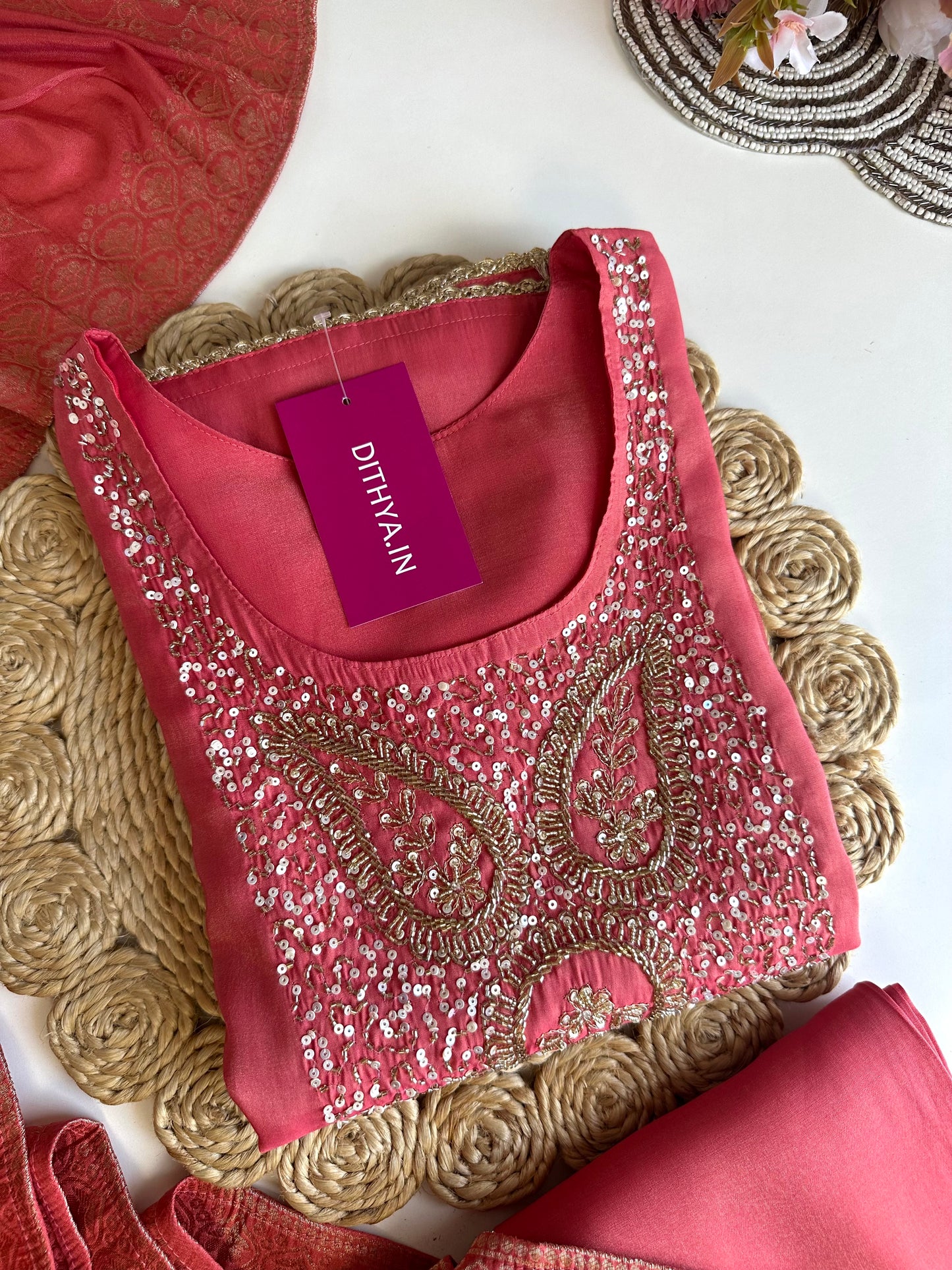 K456 - Roman silk handwork straight Kurti with pants and dupatta