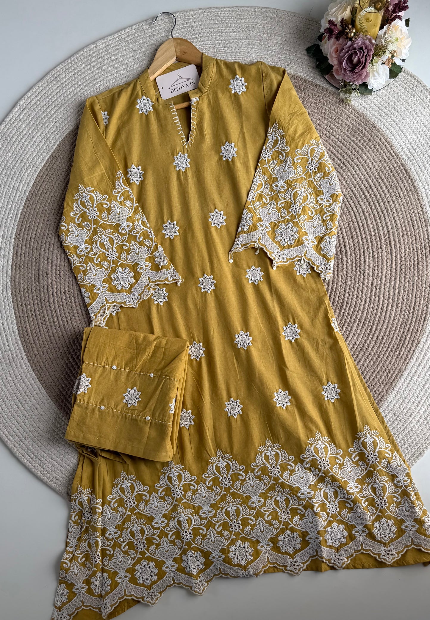 K718 - Cotton embroidered Aline Kurti with pants in 3 colours