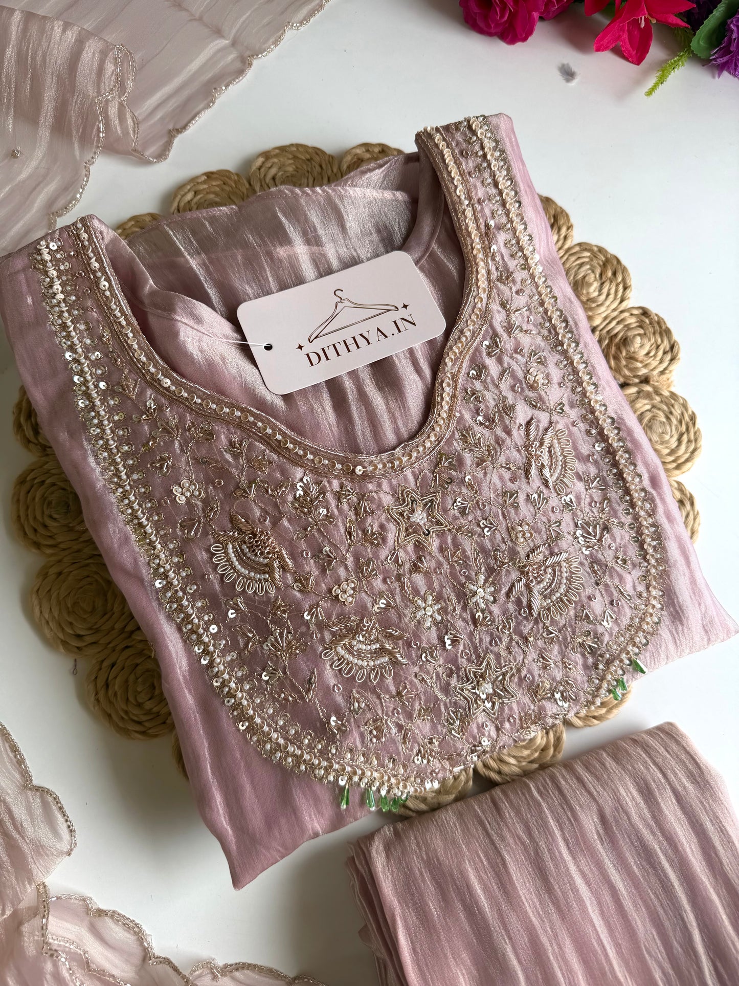 K473 - Crush Glass tissue handwork aline Kurti with pants and dupatta