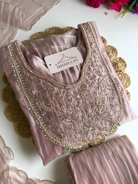 K473 - Crush Glass tissue handwork aline Kurti with pants and dupatta