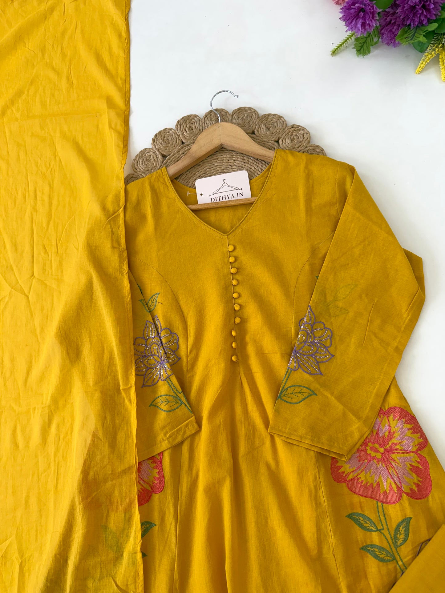 K655 - Mul cotton embroidered Aline Kurti with pants and dupatta