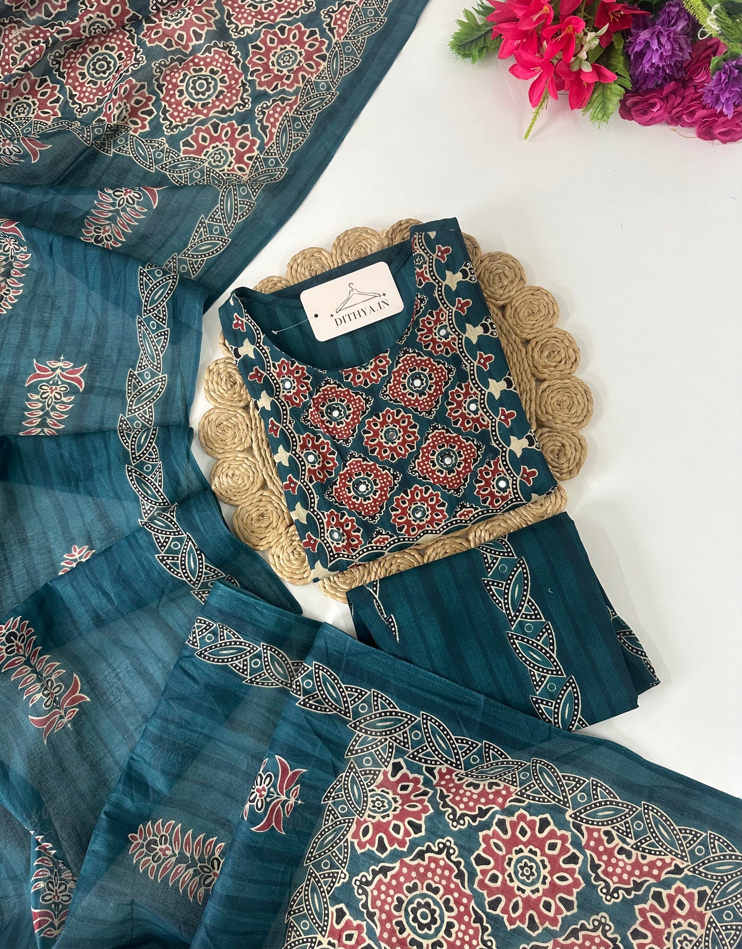 K100 - Mul cotton printed straight Kurti with pants and dupatta