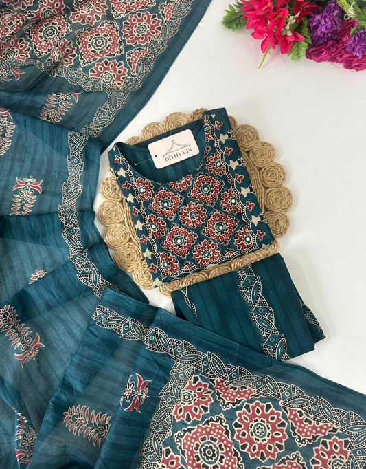 K100 - Mul cotton printed straight Kurti with pants and dupatta