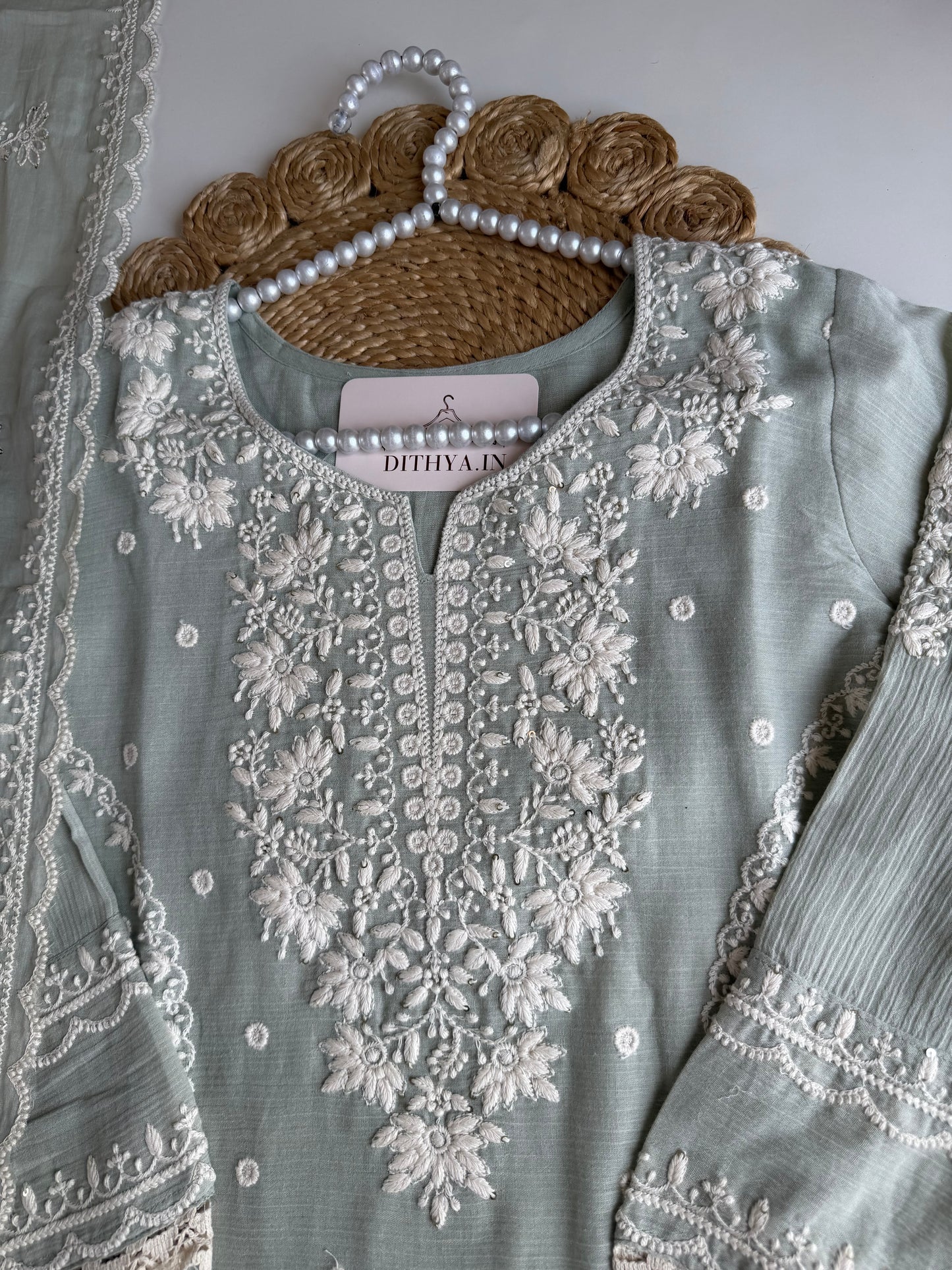 K698 - Crushed mul chanderi embroidered straight Kurti with pants and dupatta
