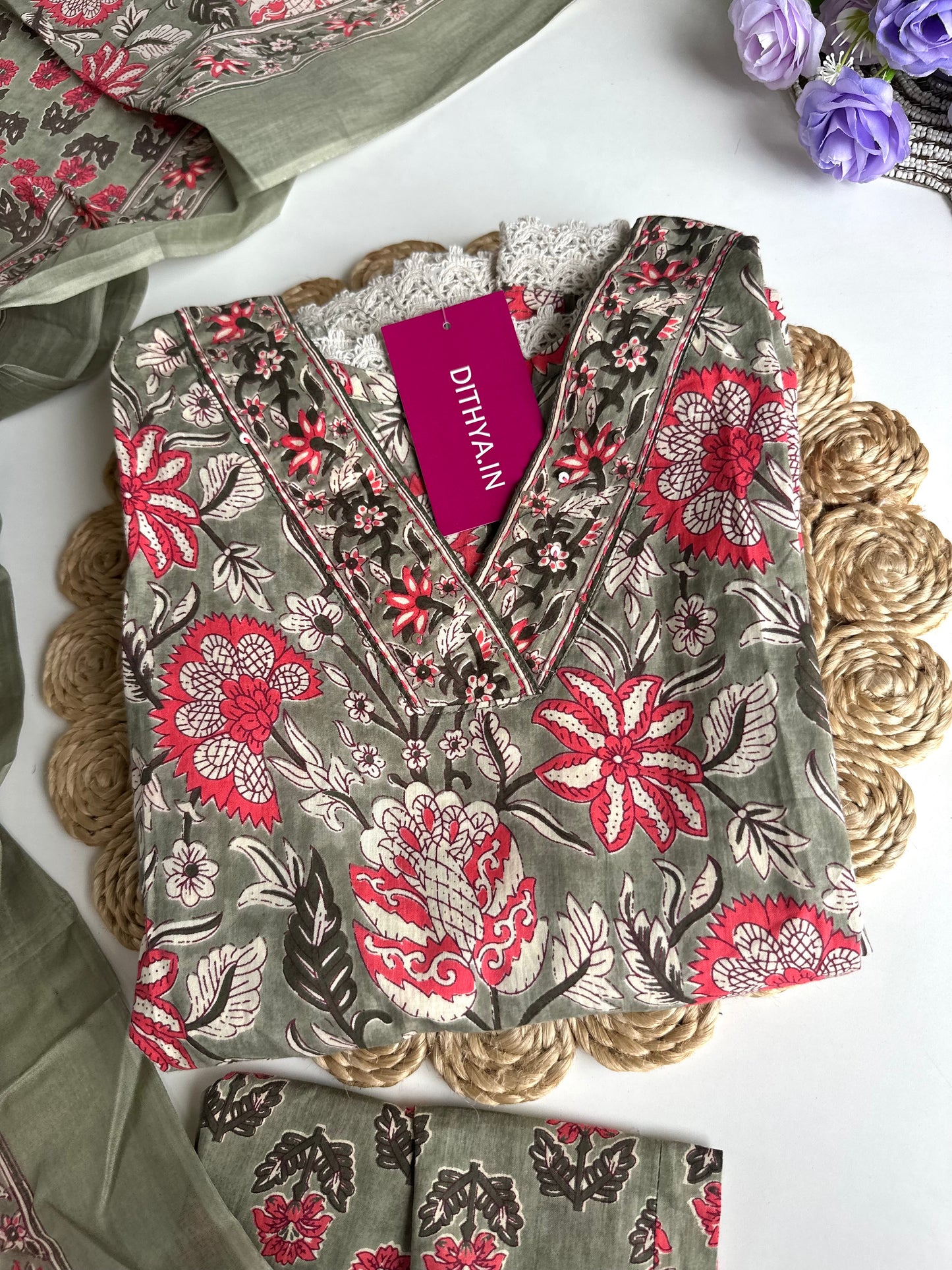 K103 - Cotton floral Anarkali with pants and dupatta