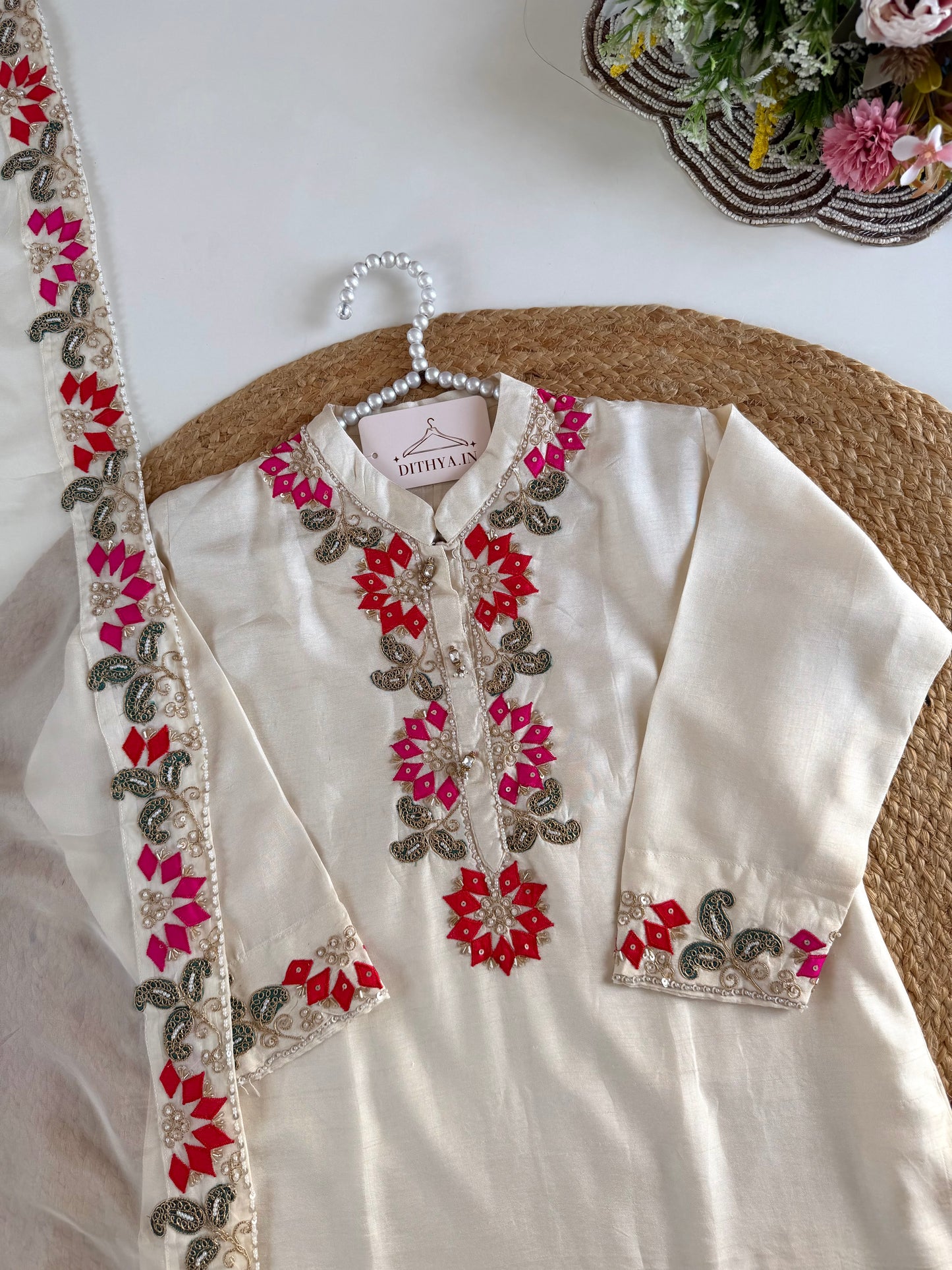 K187 - Russian silk handwork straight Kurti with pants and dupatta