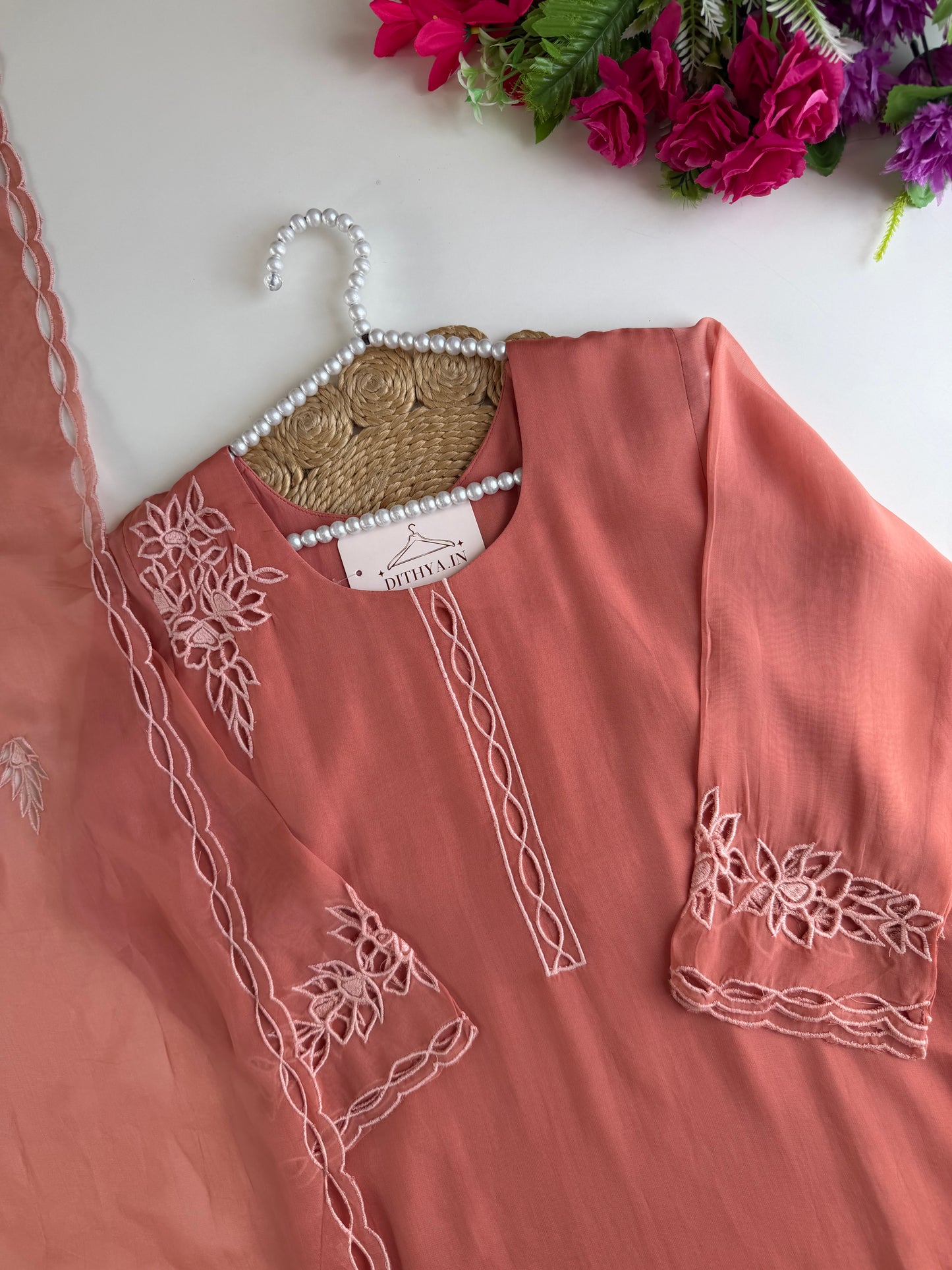 K705 - Viscose organza cutwork straight Kurti with pants and dupatta