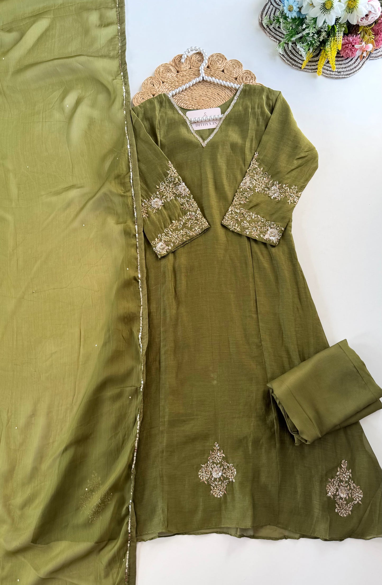 K179 - Mul chanderi handwork Aline Kurti with pants and dupatta