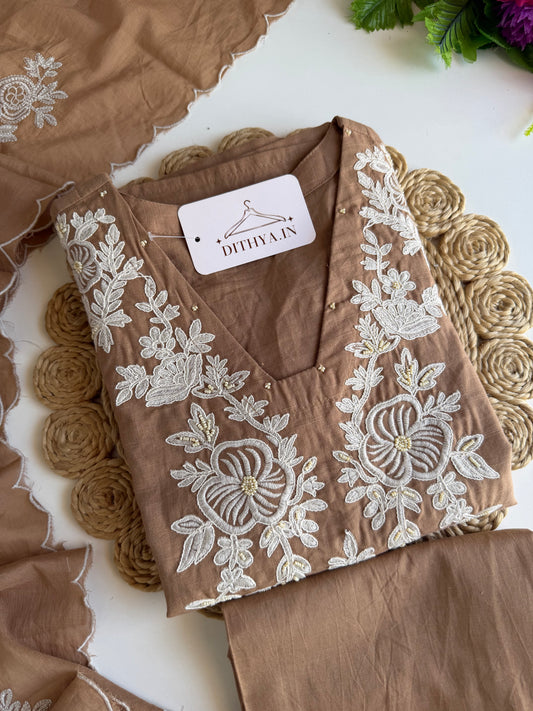 K235 - Mul cotton embroidered Aline Kurti with pants and dupatta