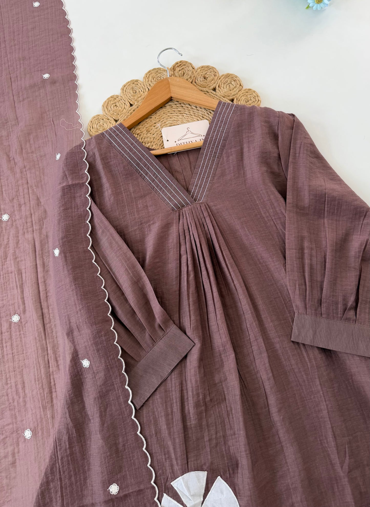 K532 - Muslin silk embroidered Aline Kurti with pants and dupatta in 2 colours