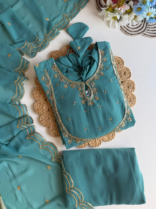 K636 - Georgette handwork Anarkali with centre slit, palazzo & Dupatta