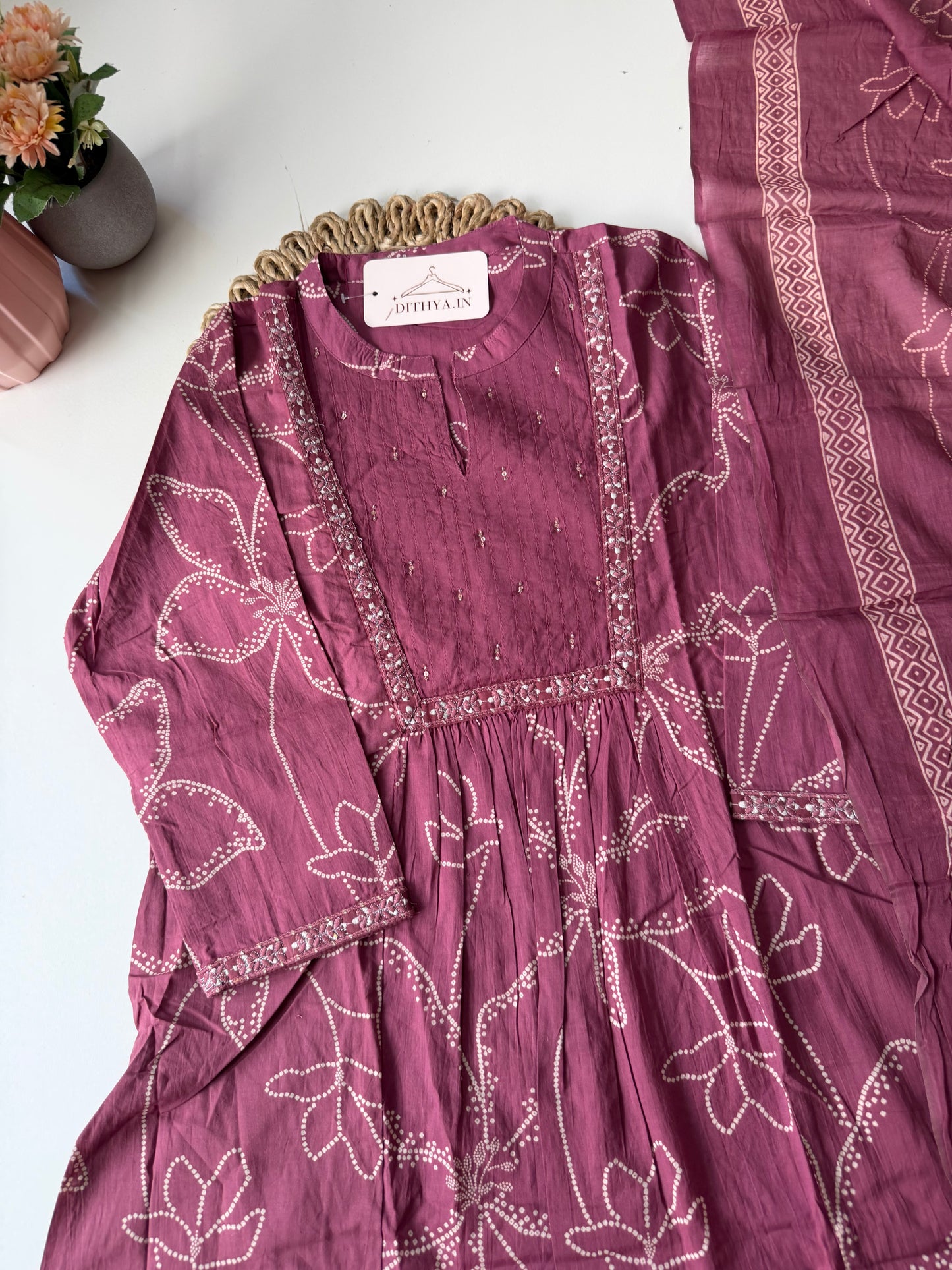 K586 - Cotton embroidery aline kurti with pants and dupatta