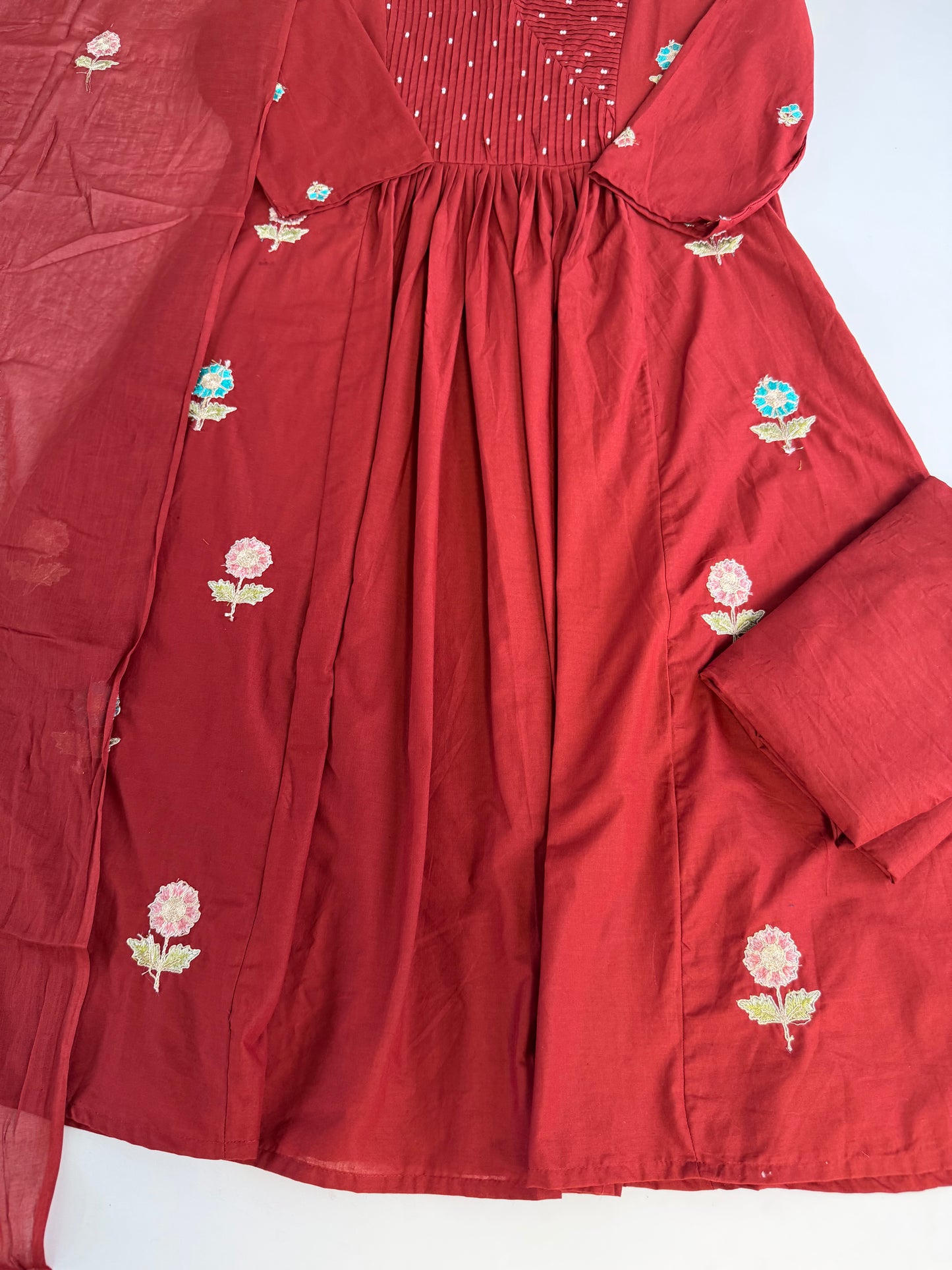 K651 - Mul cotton embroidered Anarkali with pants and dupatta