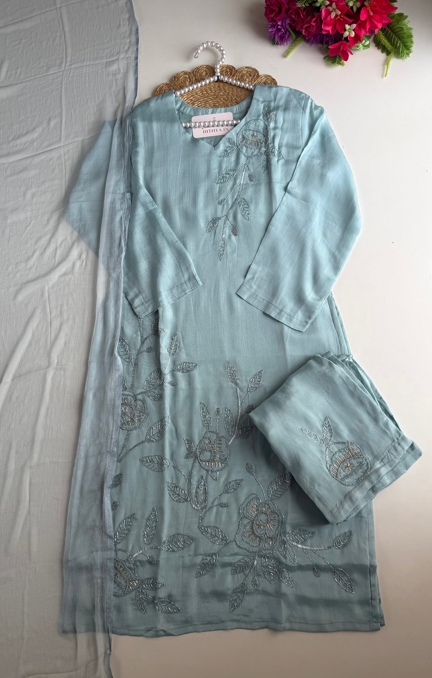 K457 - Pure Chinnon handwork straight Kurti with pants and dupatta