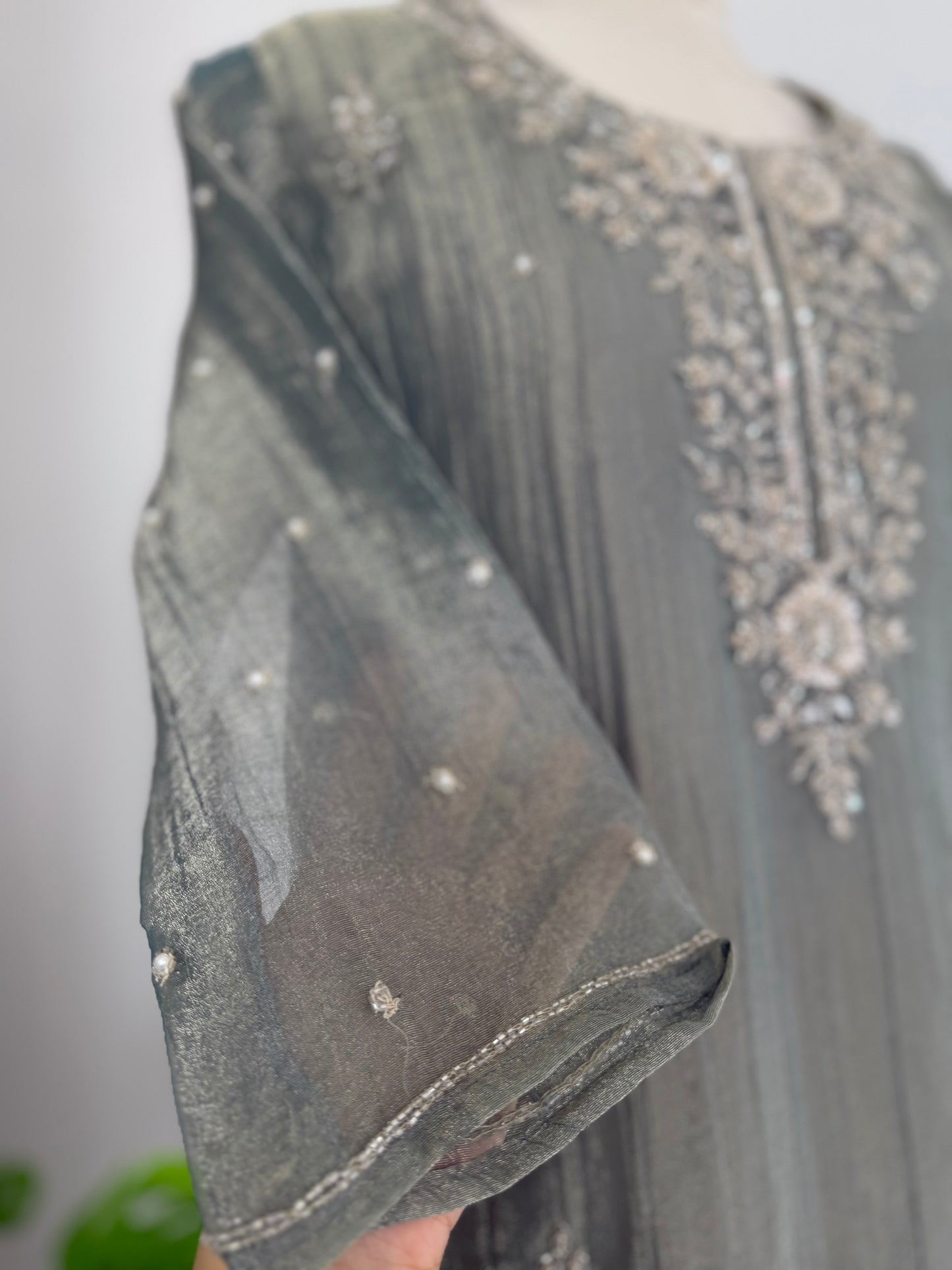 K712 - Glass crush tissue handwork Anarkali with pants and dupatta in 2 colours