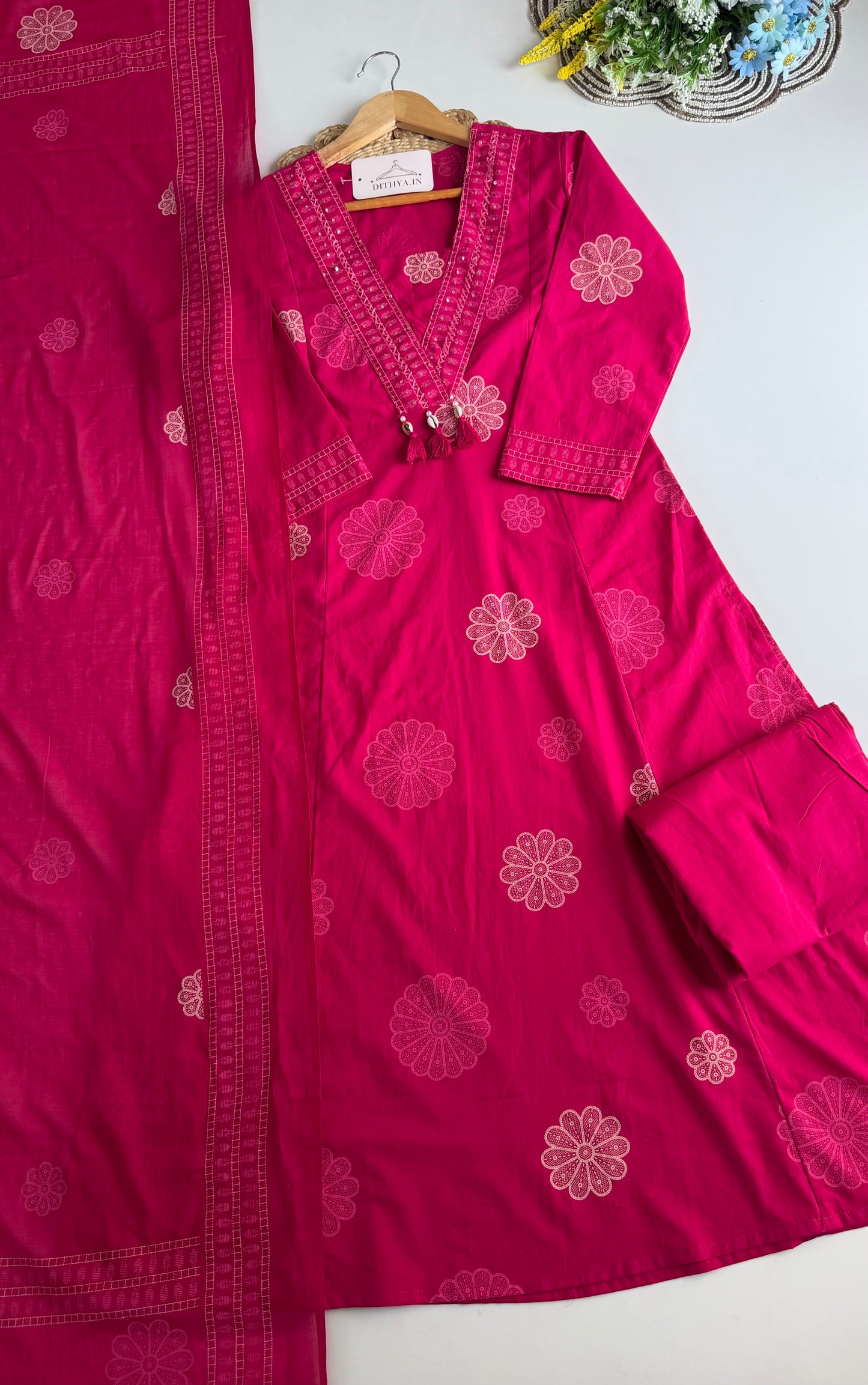 K657 - Mul cotton embroidered Aline Kurti with pants and dupatta in 2 colours