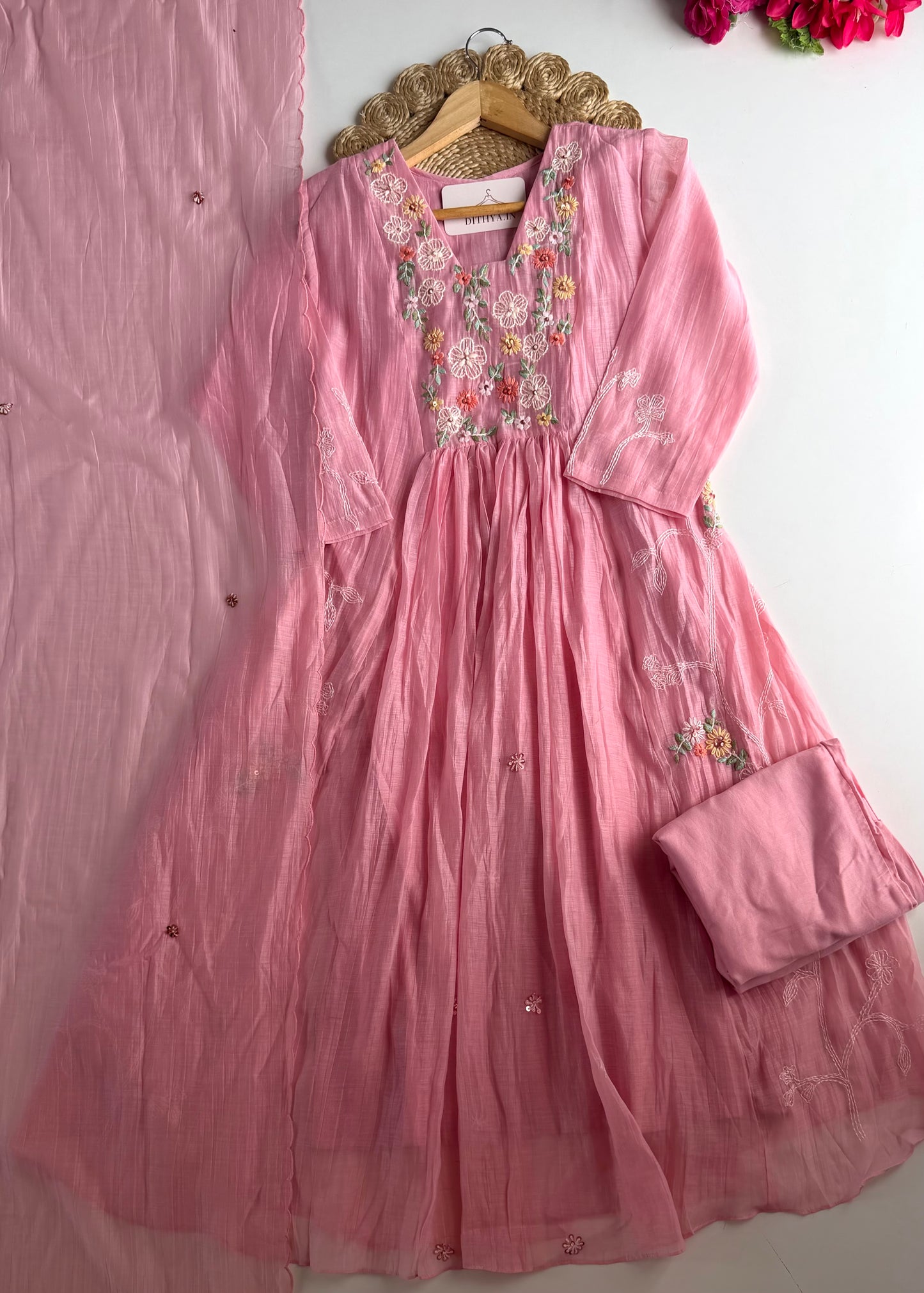 K678 - Mul chanderi embroidered Anarkali with pants and dupatta