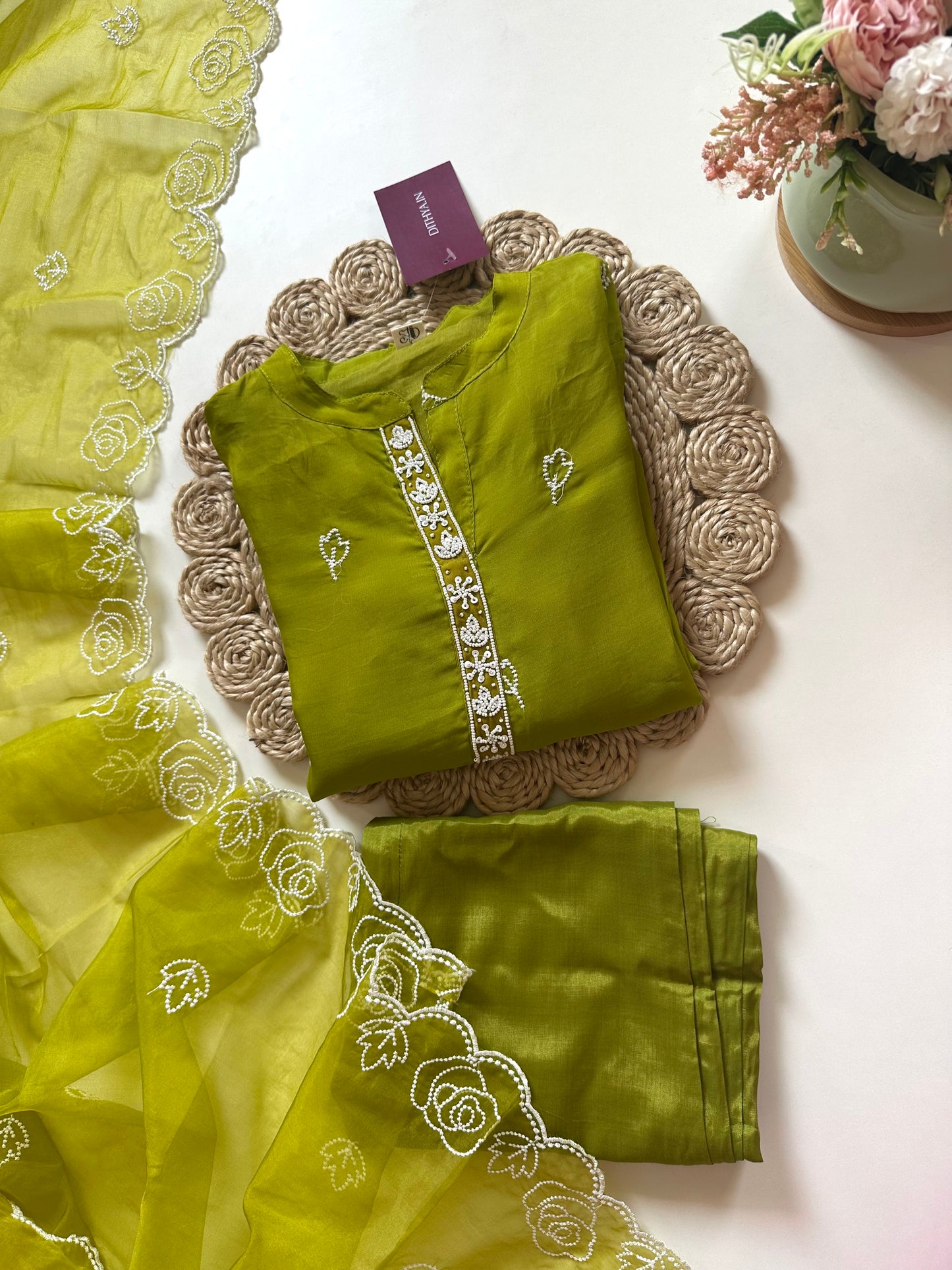 K263 - Viscose organza Embroidered straight kurti with pants and dupatta .