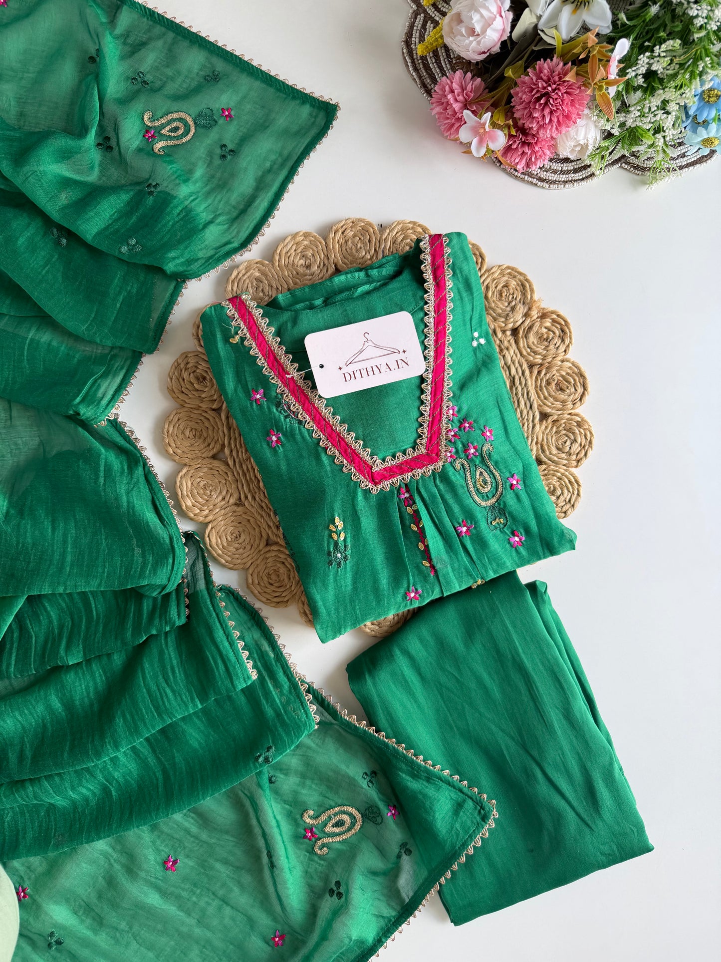 K618 - Mul chanderi handwork aline Kurti with pants and dupatta