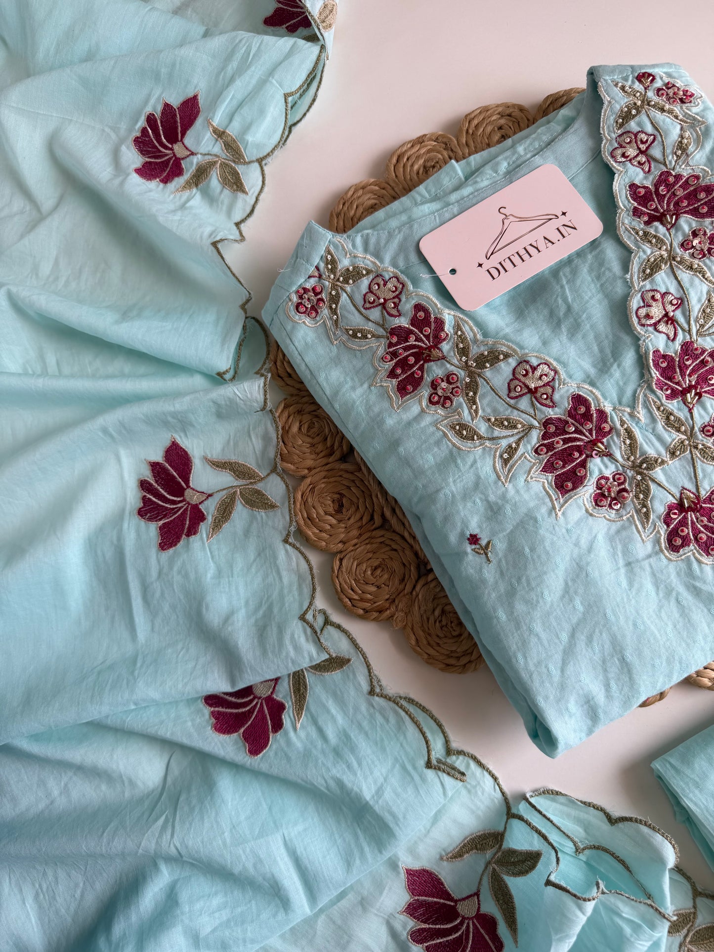 K011 - Mul cotton embroidered Anarkali with pants and dupatta