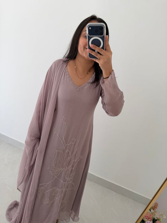 K530 - Chinnon cutdhana work Anarkali with pants and dupatta