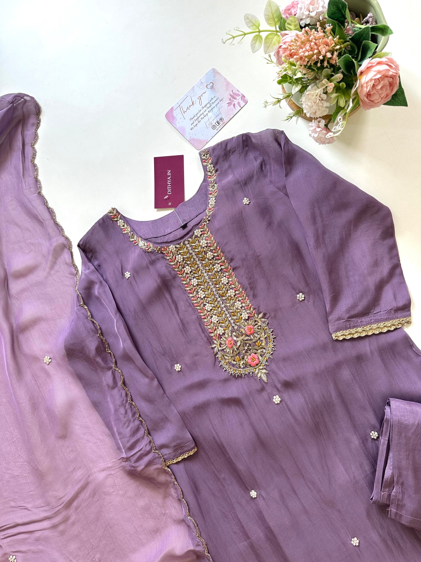 K075 - Chinnon Handwork Straight kurti with pants and dupatta .