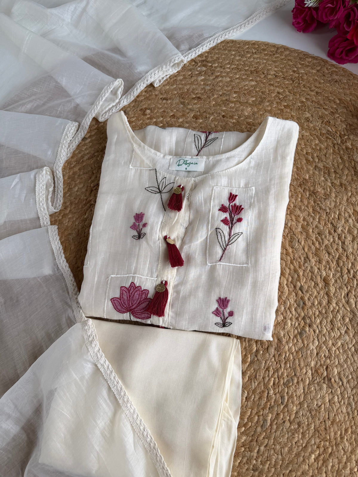 K303 - Mul chanderi embroidered Aline Kurti with pants and dupatta