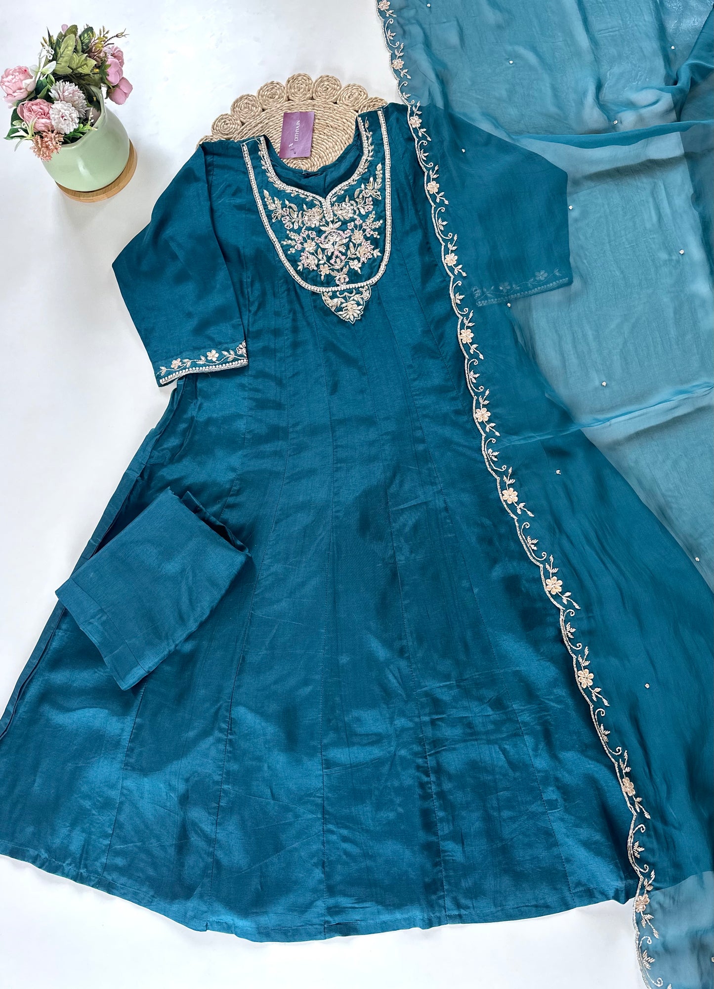 K076 - Zardosi Russian silk Anarkali with pants and dupatta .