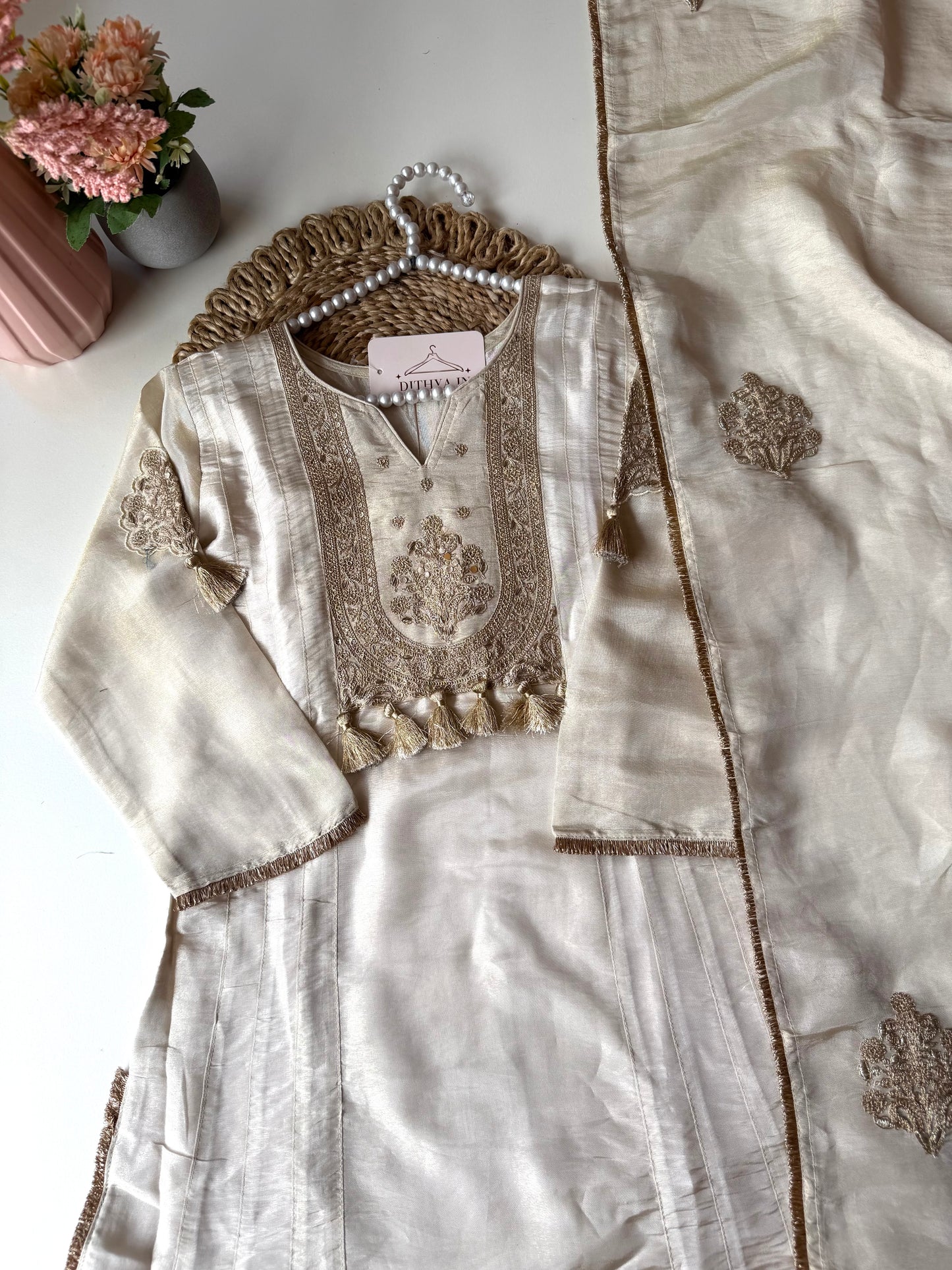 K229 - Tissue silk zari work Aline Kurti with pants and dupatta