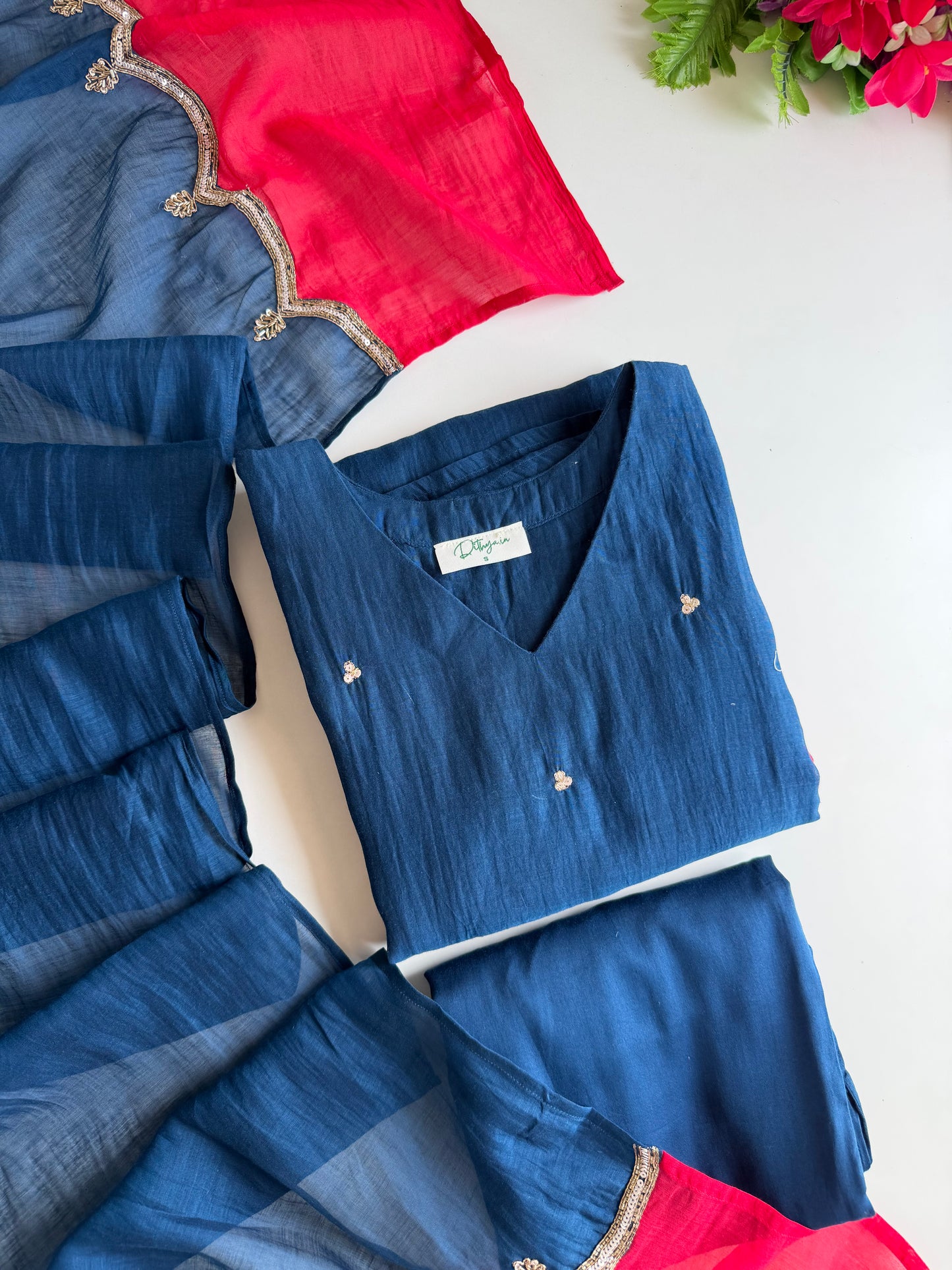 K543 - Mul Chanderi handwork Aline Kurti with pants and dupatta
