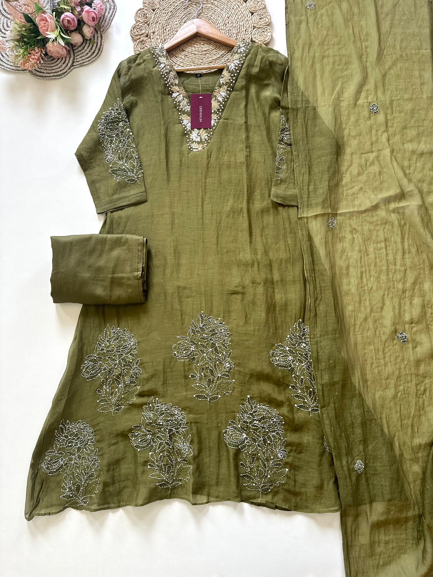 K003 - Mul Chanderi Handwork Aline kurti with pants and dupatta in 4 colours