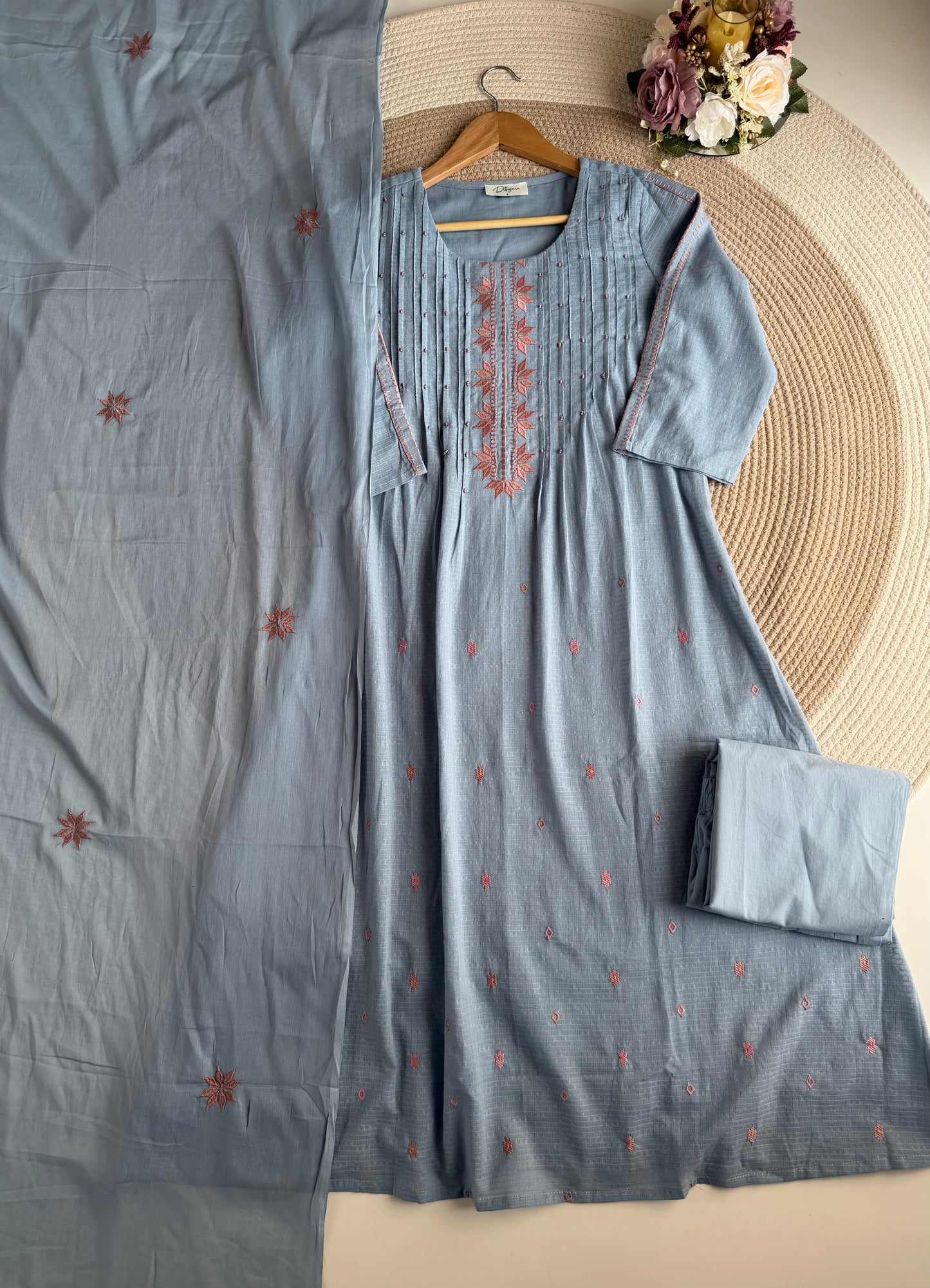 K226 - Mul cotton embroidered Aline Kurti with pants and dupatta in 2 colours