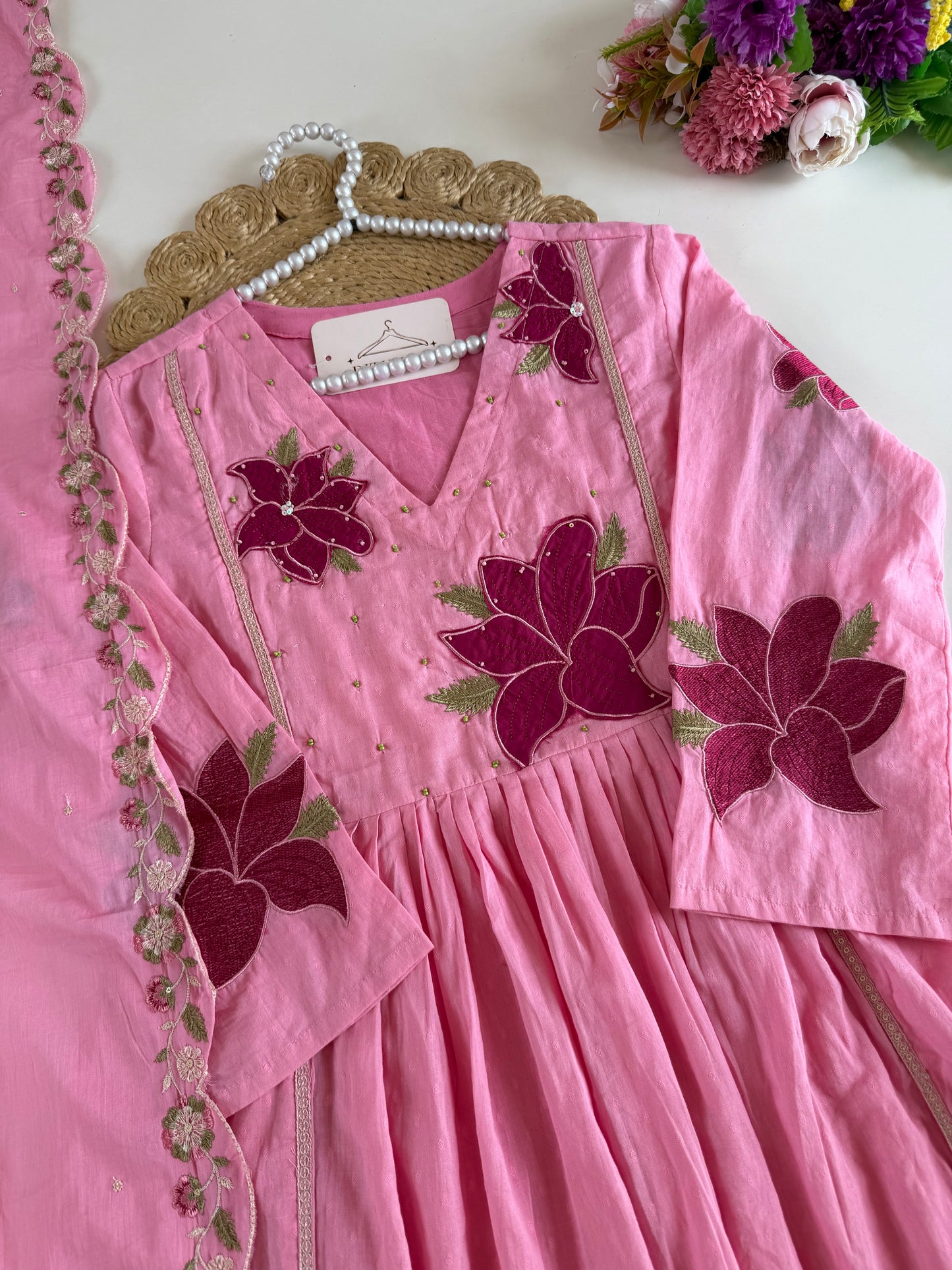 K215 - Mulmul cotton embroidered Anarkali with pants and dupatta
