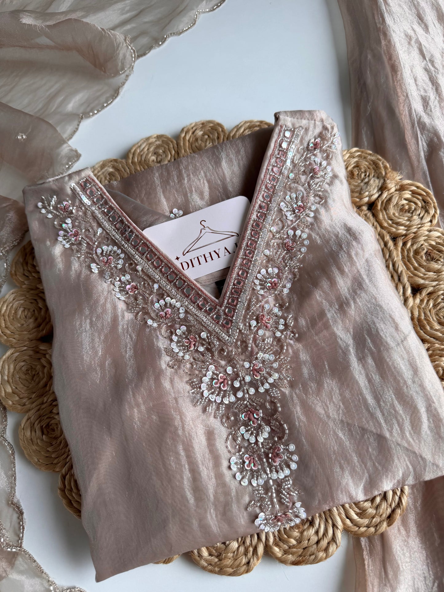 K631 - Glass Tissue handwork short Kurti with palazzo and dupatta