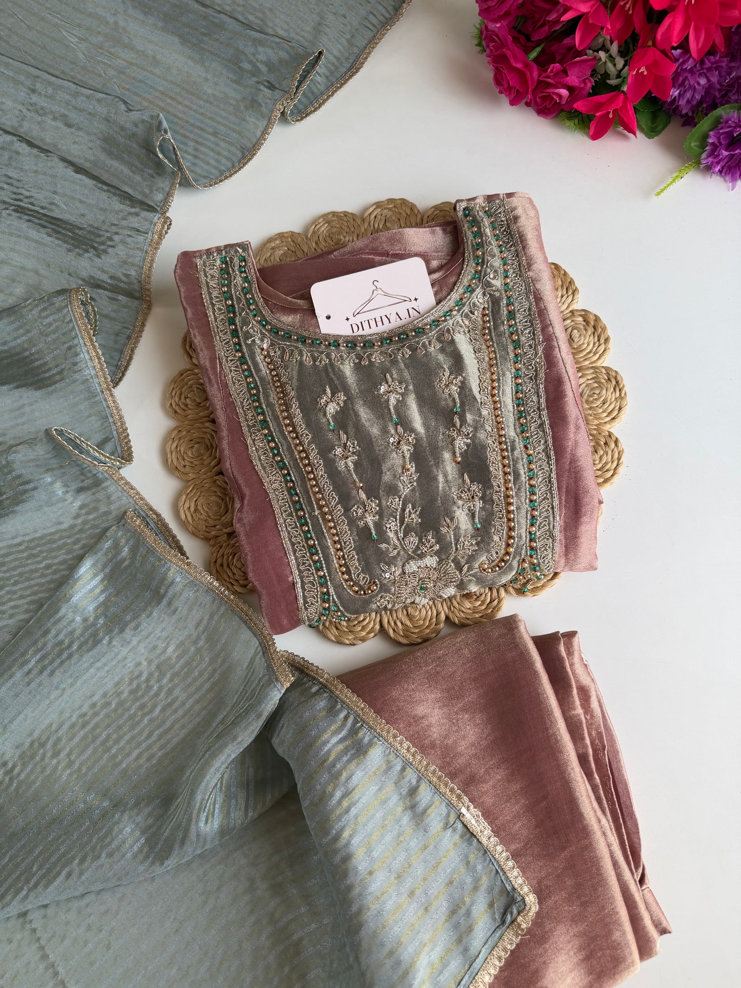 K470 - Tissue silk handwork Anarkali with pants and dupatta