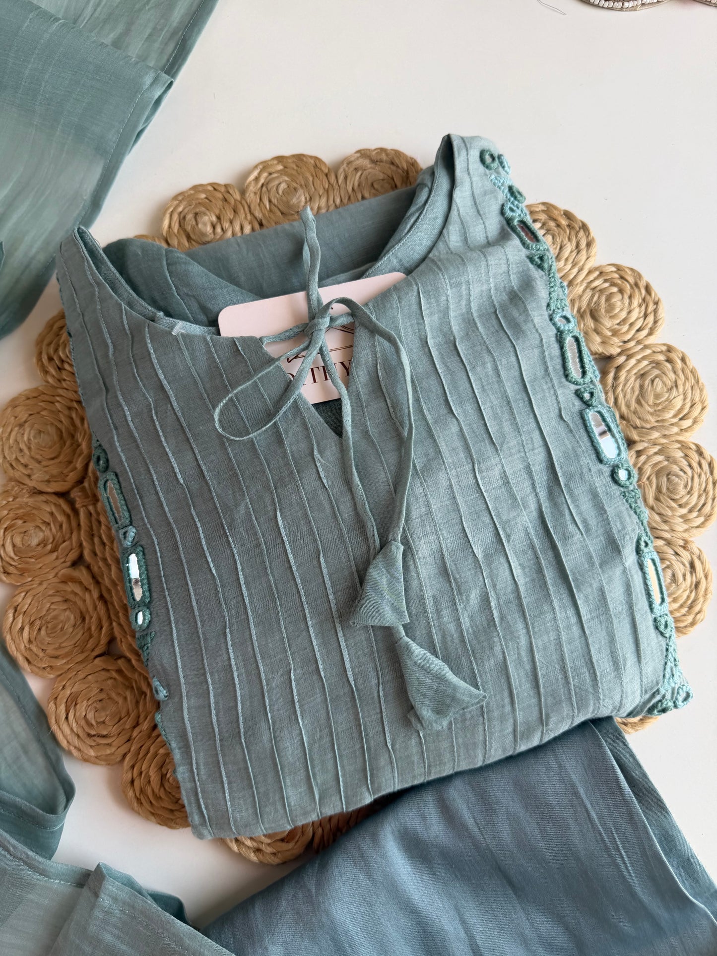 K350 - Mul chanderi mirror embroidered Aline Kurti with pants and dupatta