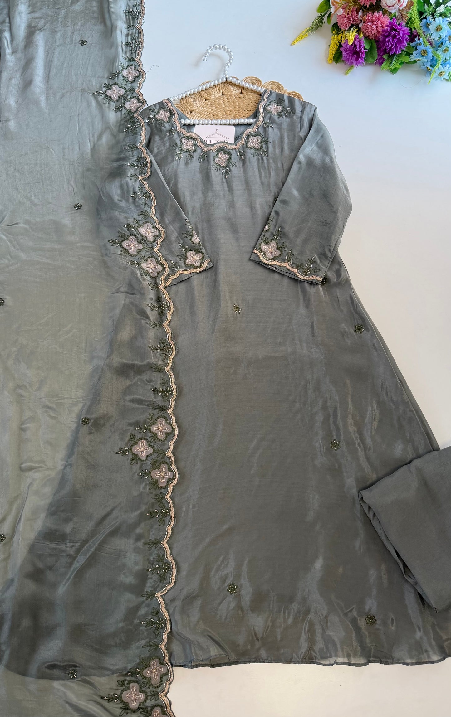 K191 - HO silk handwork aline Kurti with pants and dupatta