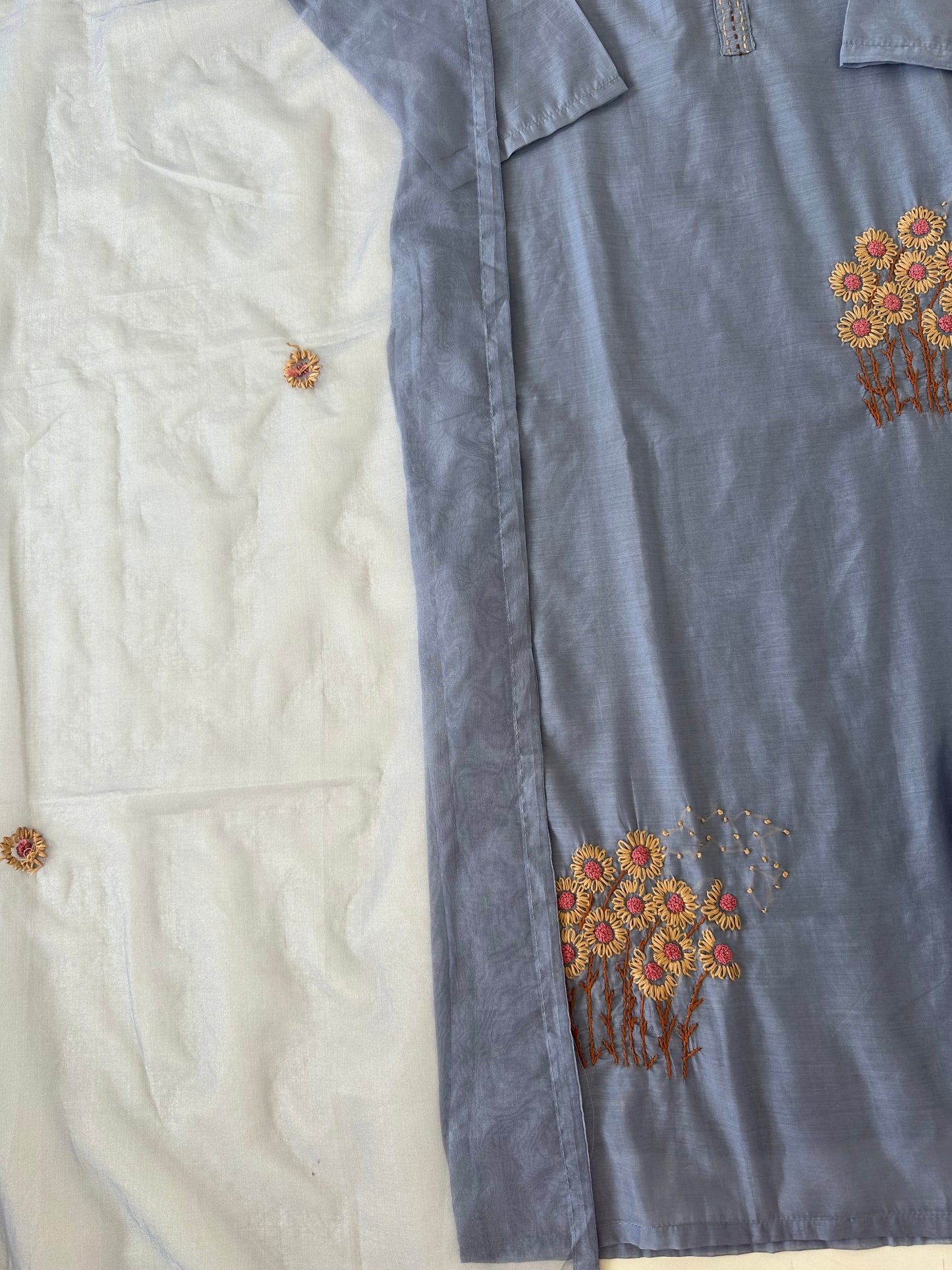 K213 - Mul cotton embroidered straight Kurti with pants and dupatta