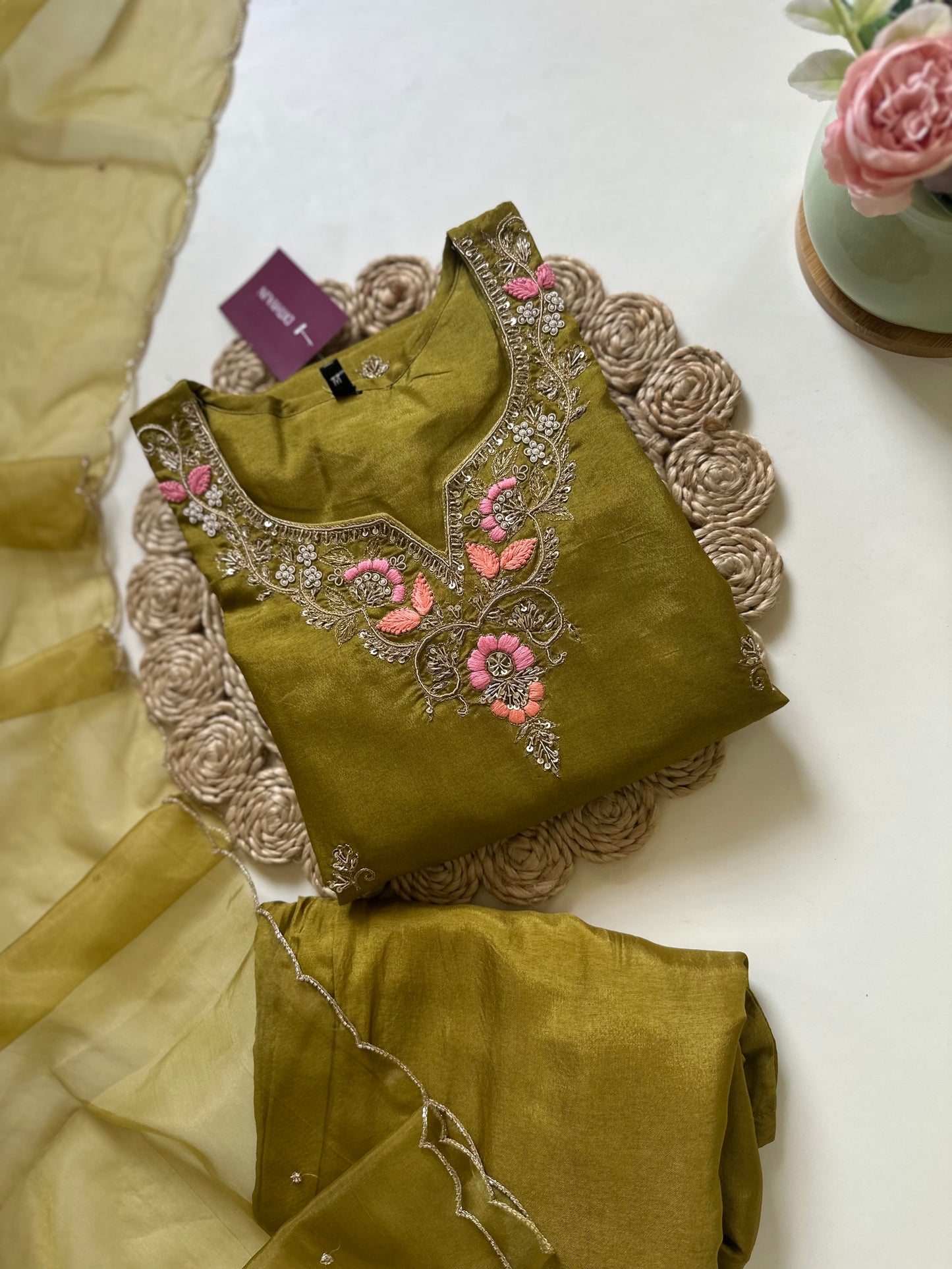 K087 - Russian silk handwork straight kurti with pants and organza dupatta .